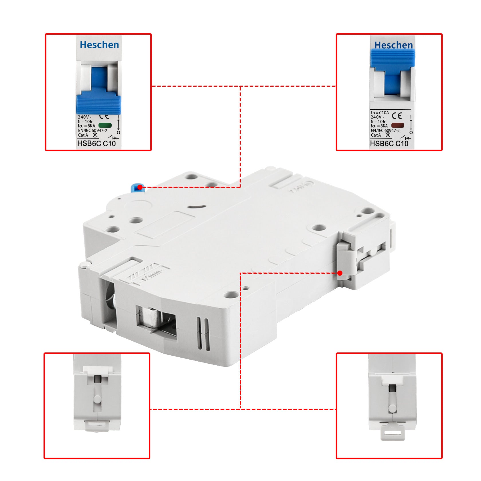 Heschen Miniature Circuit Breaker HSB6C, 10 Amp Current, 1 Pole, Type C, 6kA Breaking Capacity, DIN Rail Mounting