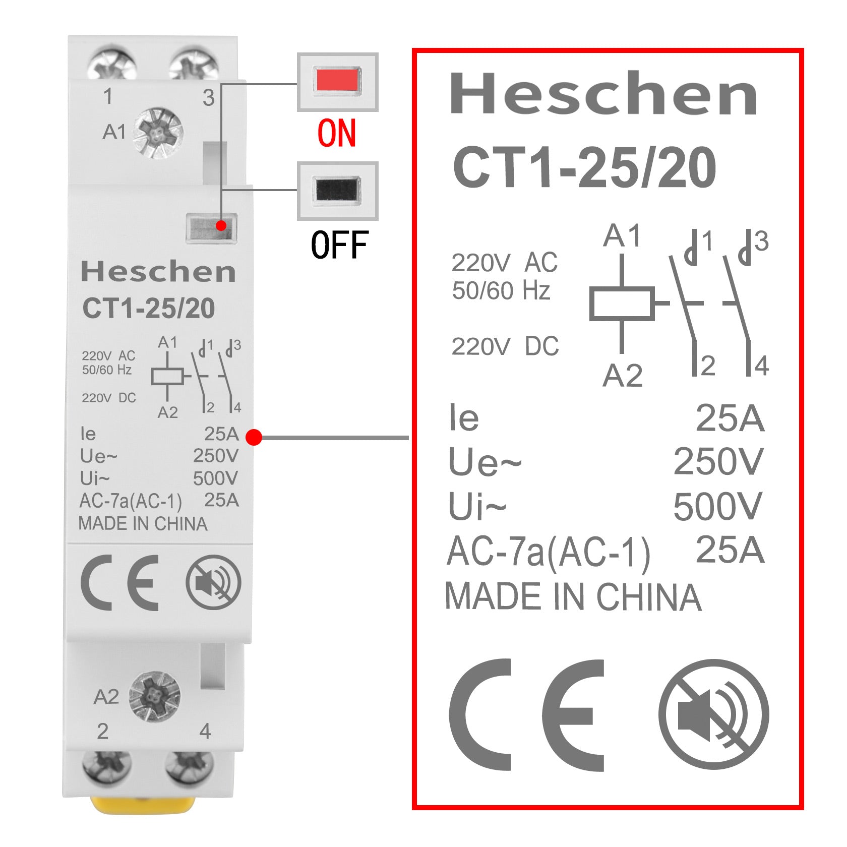 Heschen Modular Household AC Contactor, CT1-25/20, 25A, AC/DC 220V Coil, 2 Pole, 2NO, Two Normally Open, 35mm DIN Rail Mounting, For Circuit Control