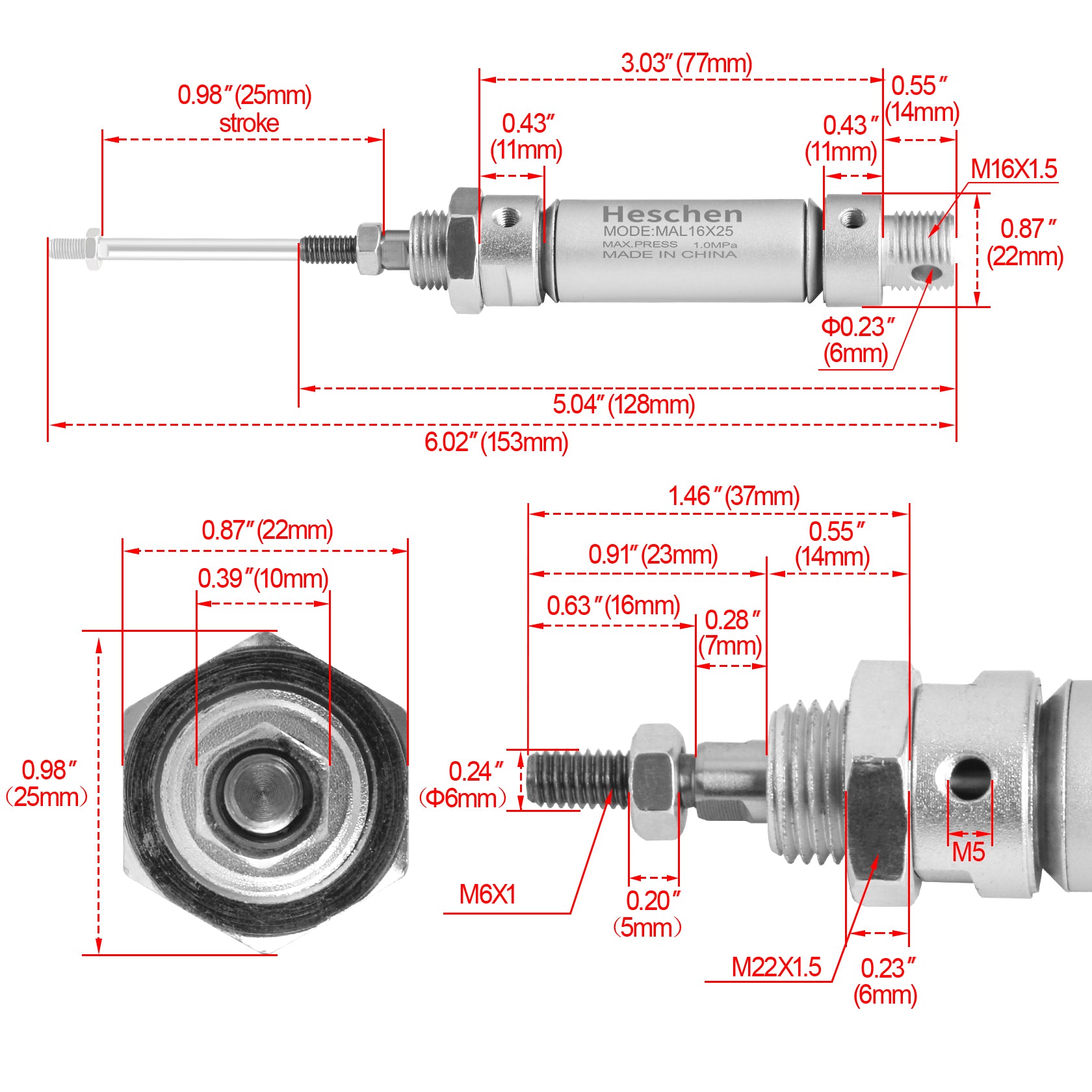 Heschen Pneumatic slim Air Cylinder MAL 16 Series M5 port 16mm Bore Double Action