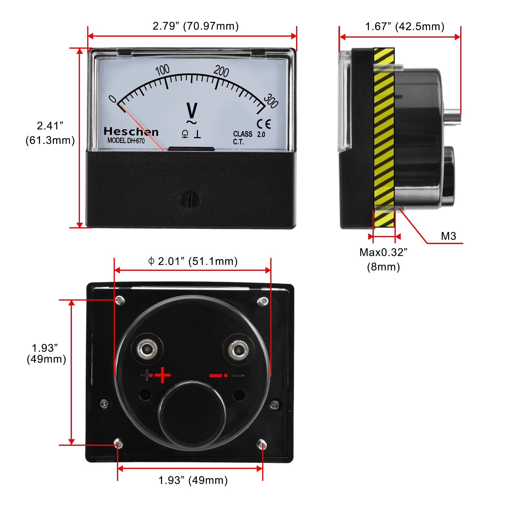 Heschen DH-670 AC 300 V Class 2.5 Rectangle Analog Panel Volt Voltage Meter Voltmeter