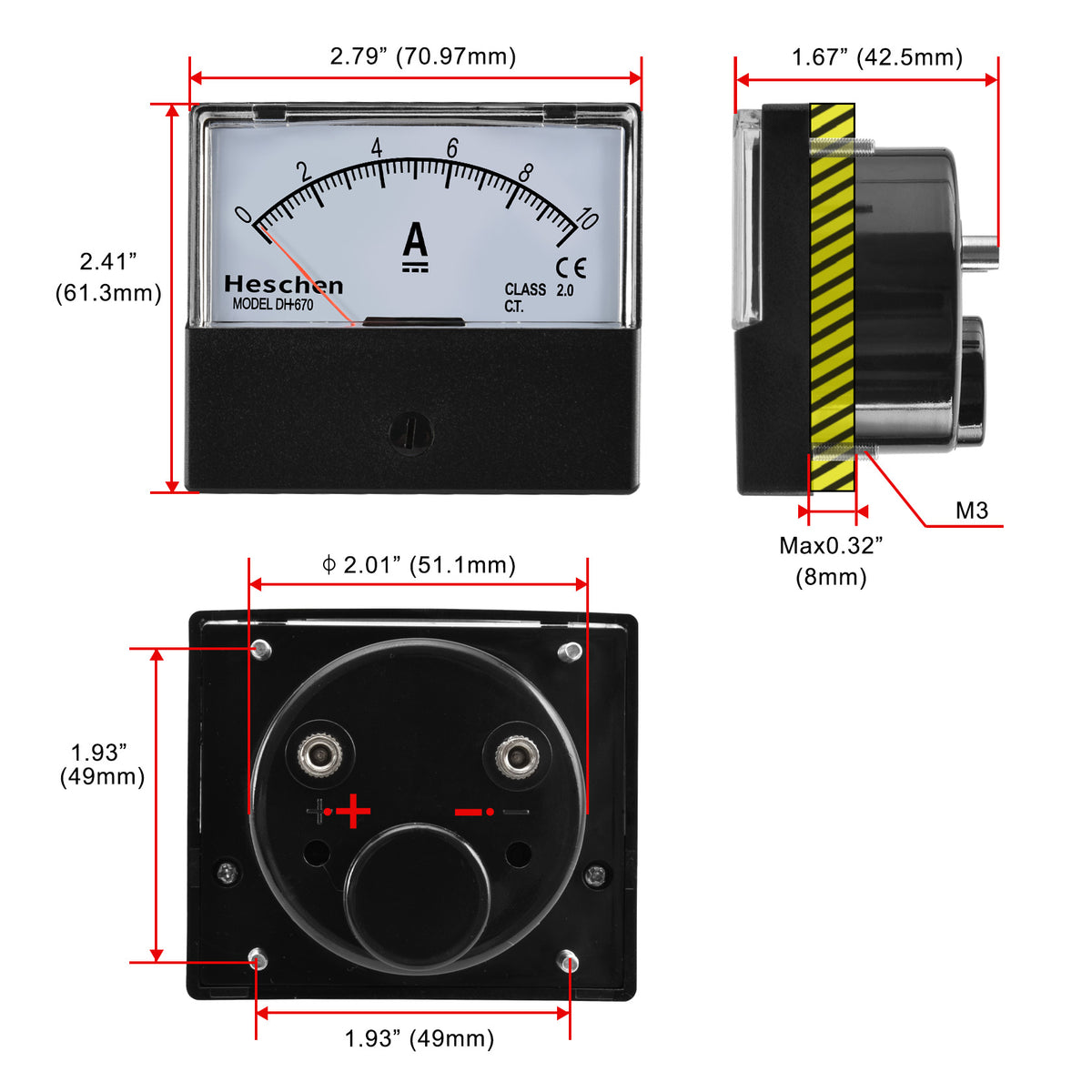 Heschen Panel Mounted Electricity Meter Ammeter Tester DH 670 DC 10 A Class 2.0