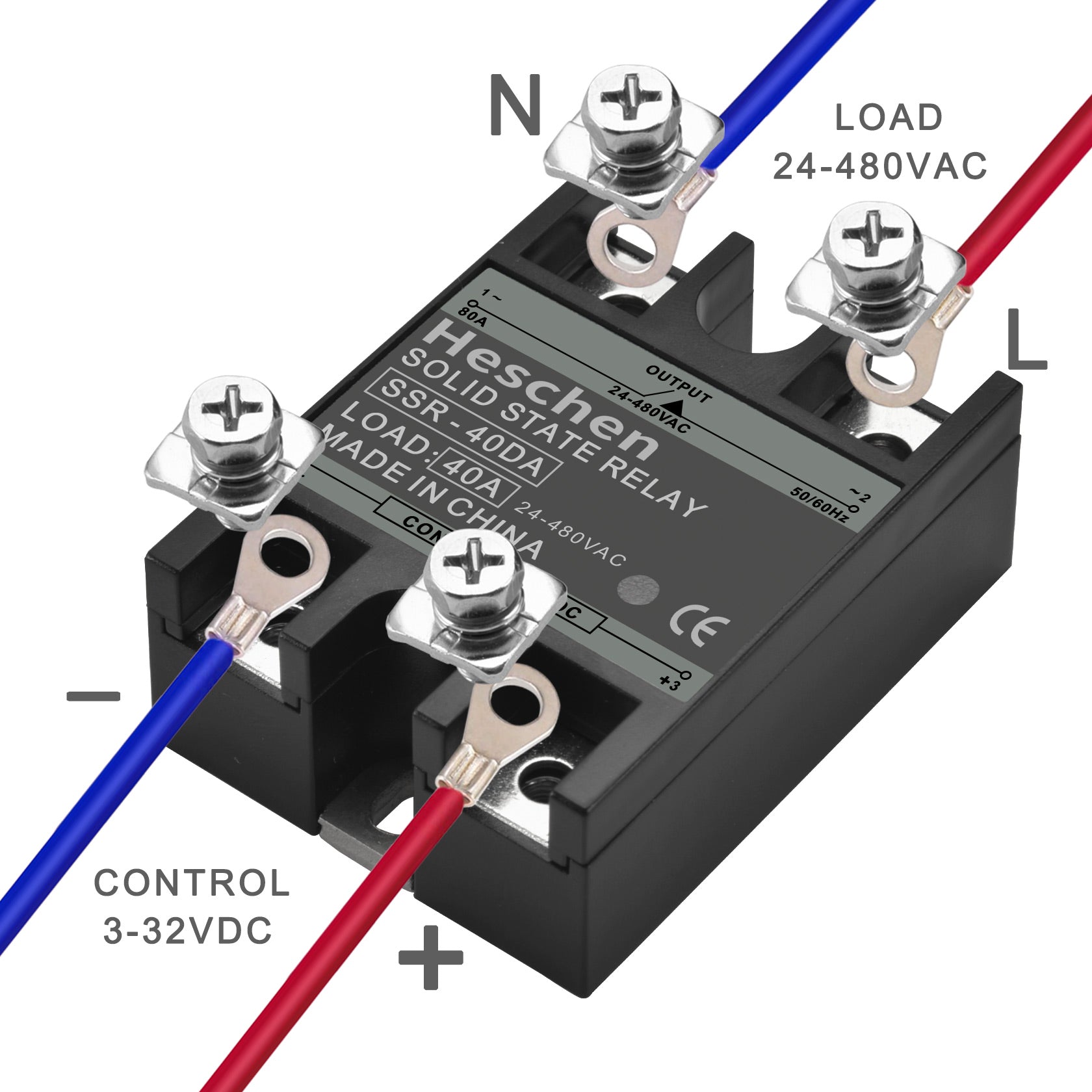 Heschen Single Phase AC/DC Solid State Relay SSR-40DA 3-32 VDC/24-480VAC 40A 50-60Hz