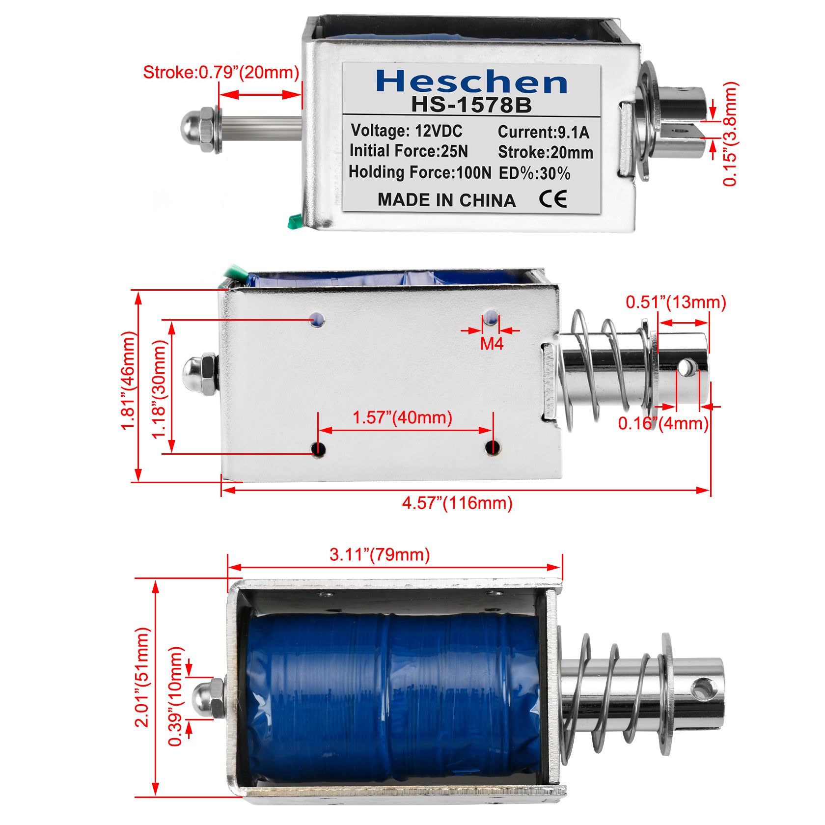 Heschen Solenoid Electromagnet HS-1578B DC 12V/24V 20mm stroke 100N push pull type open frame door lock