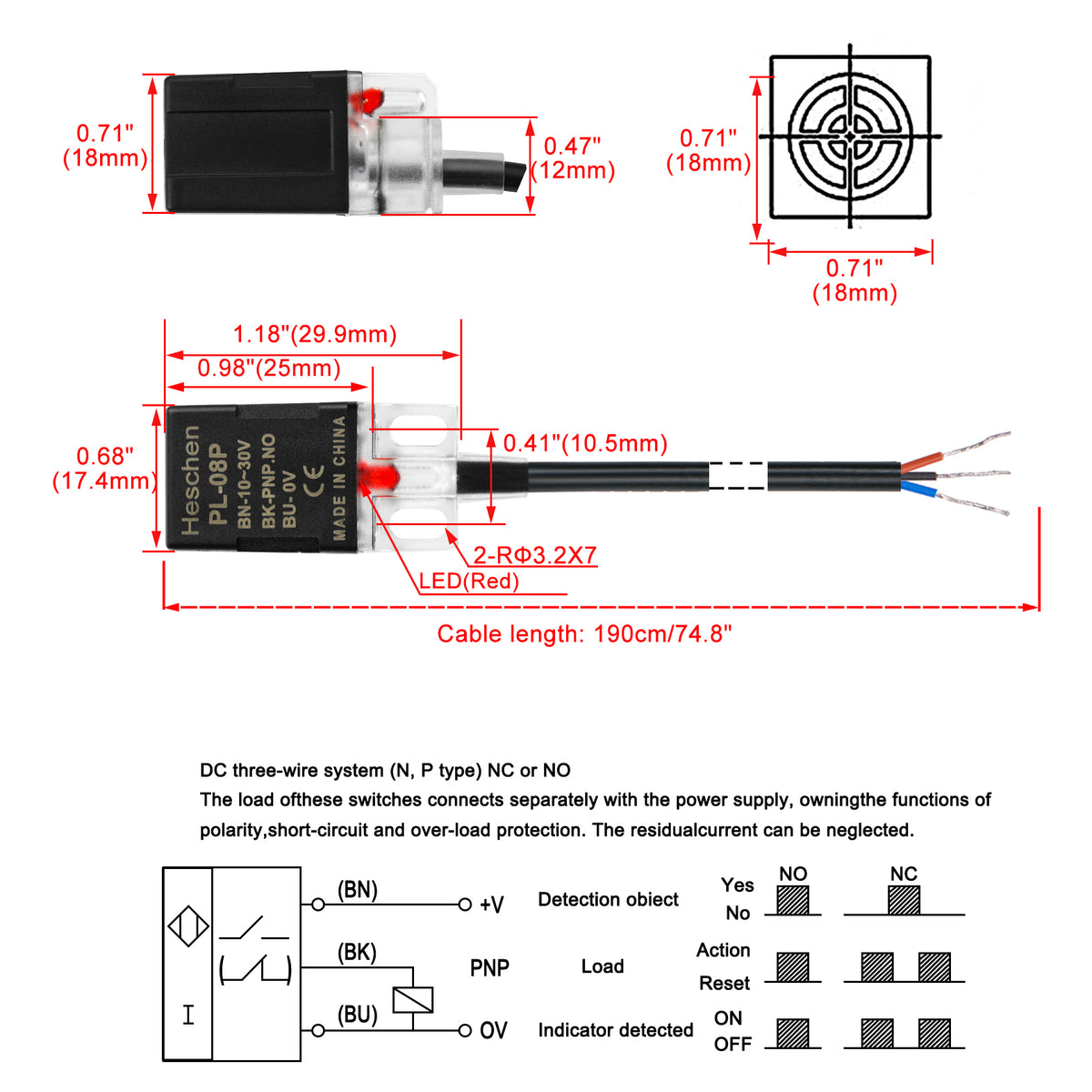 Heschen Square Inductive Proximity Sensor Switch Non-Shield Type PL-08