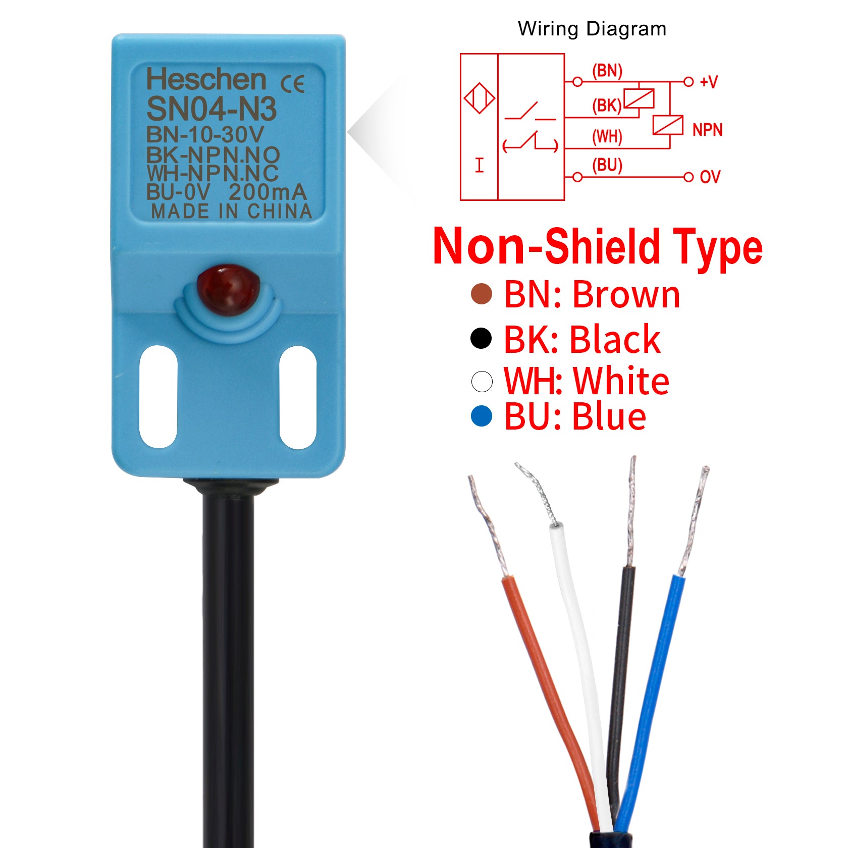 Heschen Square Inductive Proximity Sensor Switch Non-Shield Type SN04-N3 Detector Distance 5mm 10-30VDC 200mA NPN NO+NC 4 Wire,Pack of 5