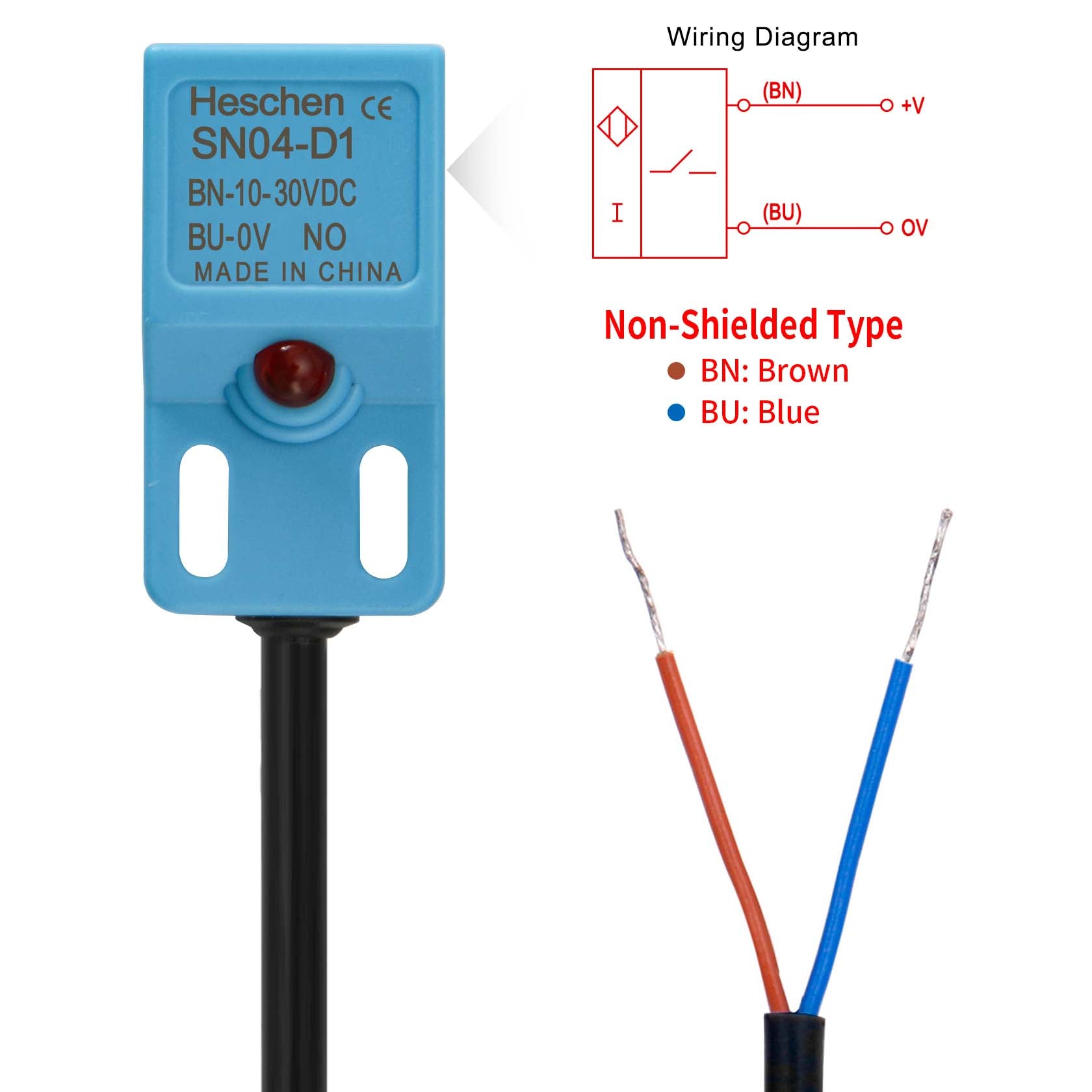 Heschen Square Inductive Proximity Sensor Switch Non-Shield Type SN04-D1 Detector Distance 5mm 10-30VDC 200mA Normally Open(NO) 2 Wire,Pack of 5
