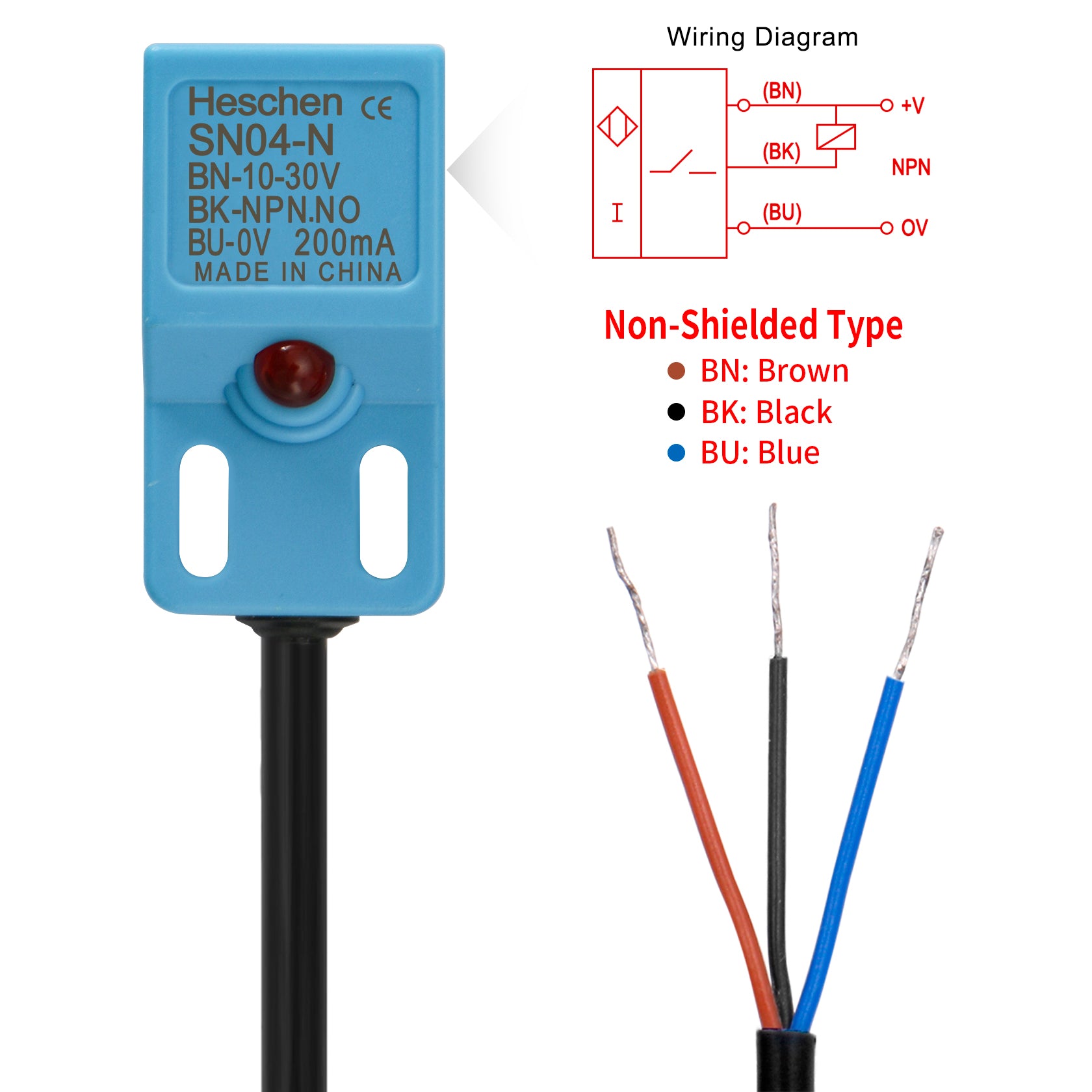 Heschen Square Inductive Proximity Sensor Switch Non-Shield Type SN04-N Detector Distance 5mm 10-30VDC 200mA NPN Normally Open(NO) 3 Wire,Pack of 5