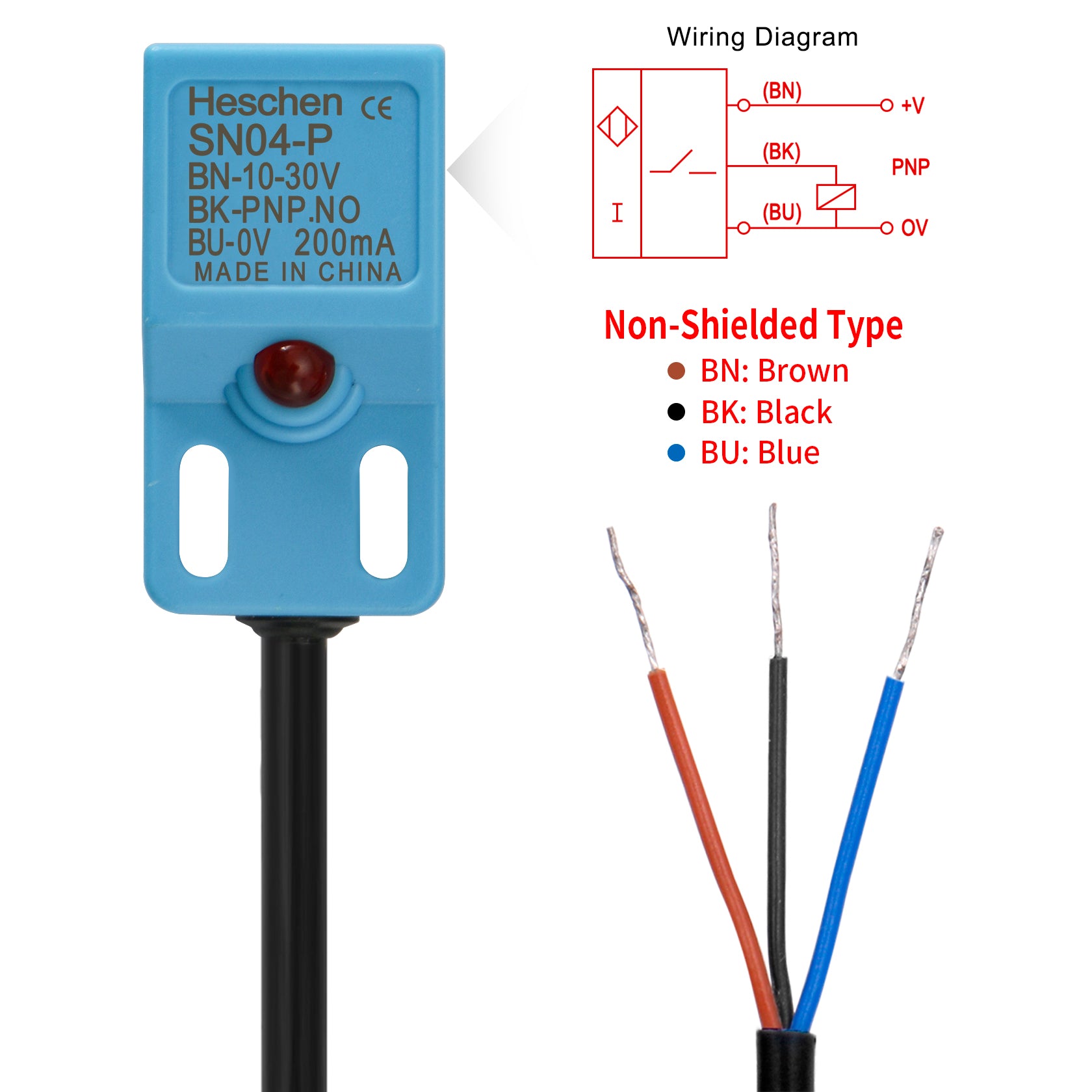 Heschen Square Inductive Proximity Sensor Switch Non-Shield Type SN04-P Detector Distance 5mm 10-30VDC 200mA PNP Normally Open(NO) 3 Wire,Pack of 5