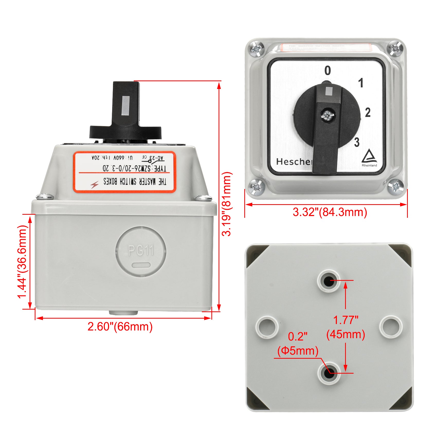 Heschen Universal Latching Rotary Cam Selector Changeover Switch,SZW26-20/0-3.2D, 660V 20A, ON-OFF 4 Positions 8 Terminals, With Box,For Switching And Breaking Circuits, CE,TUV