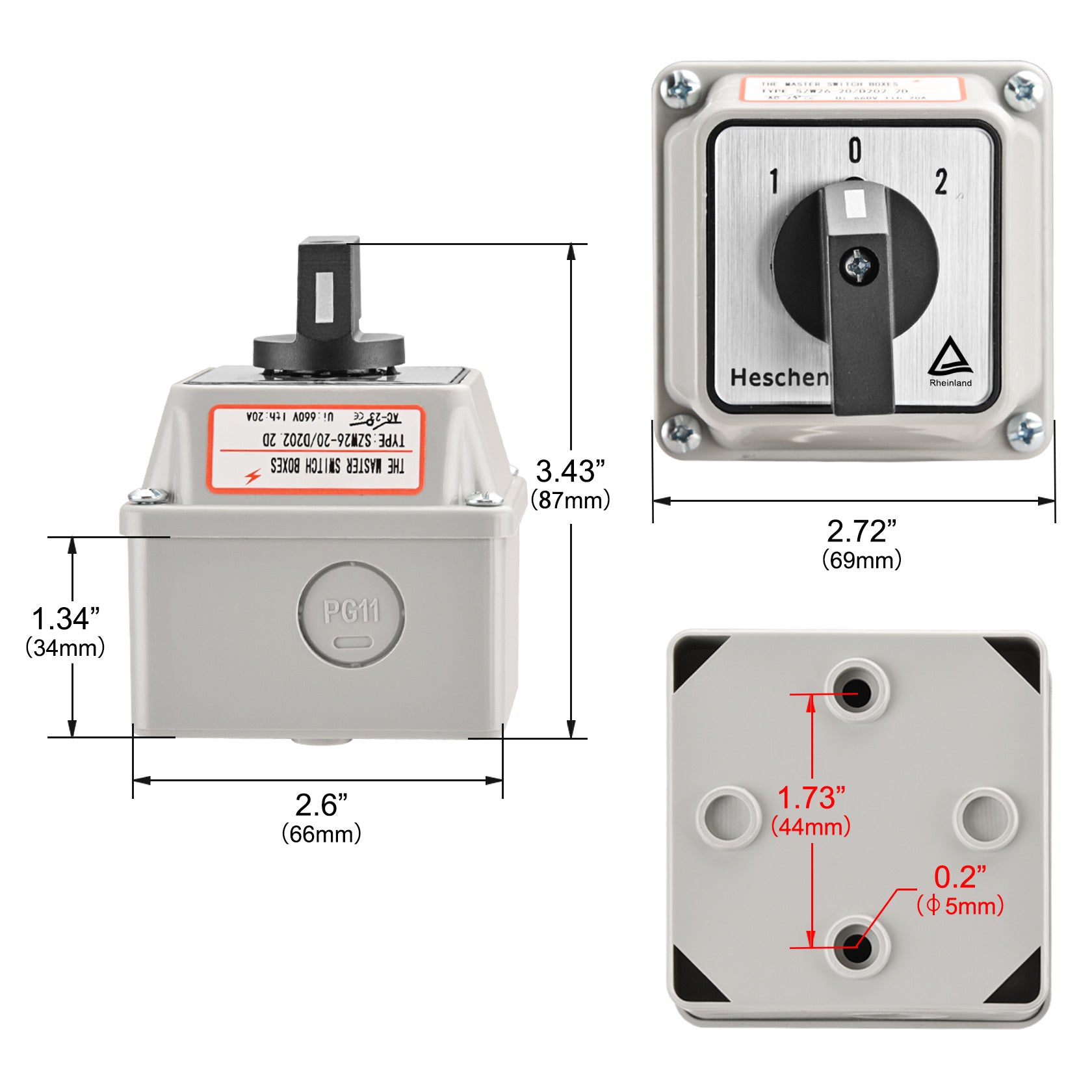 Heschen Universal Rotary Cam Selector Changeover Switch, SZW26-20/D202.2D, 660V 20A, ON-Off-ON, 3 Position 2 Phase 8 Terminals, with Master Switch Exterior Box,TUV
