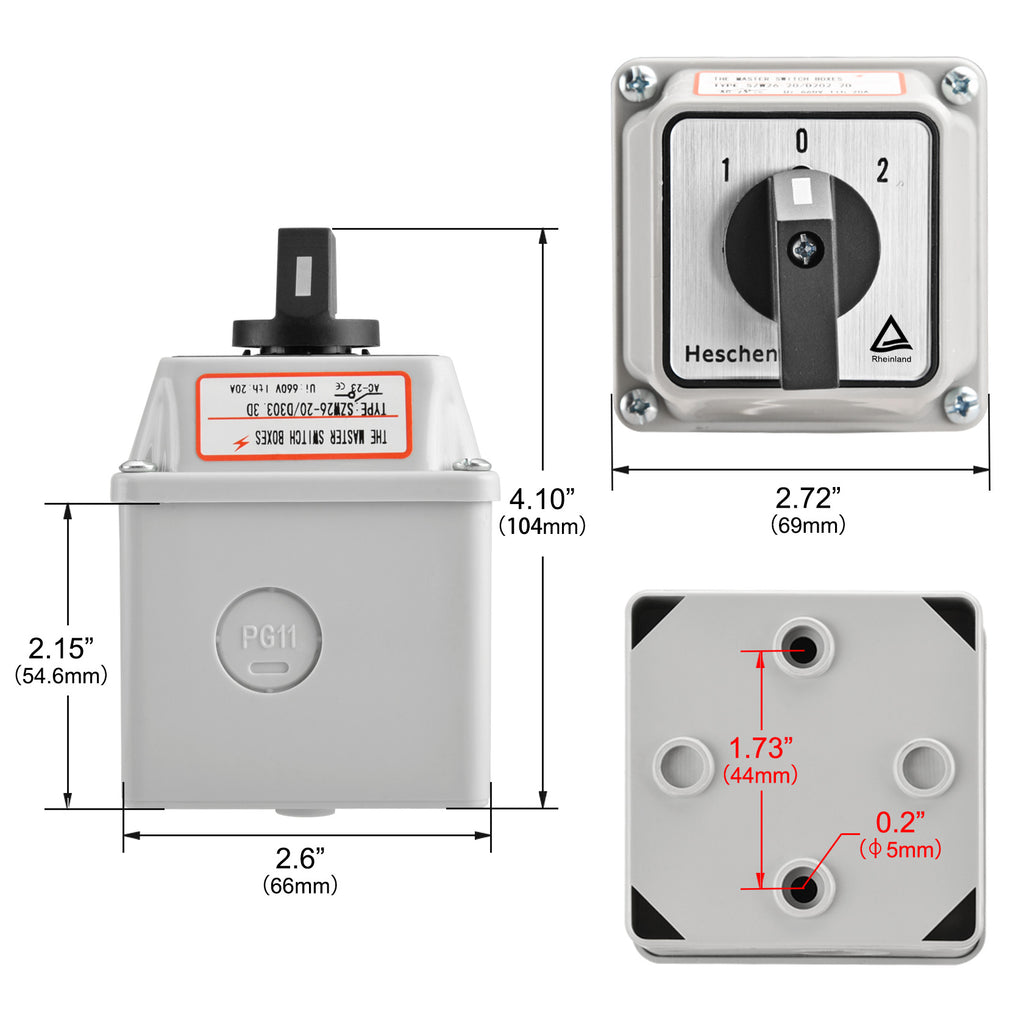 Selector De Levas Universal Heschen SZW26-20 - 3 Posiciones, 660V 20A, Montaje En Carril DIN 35 Mm
