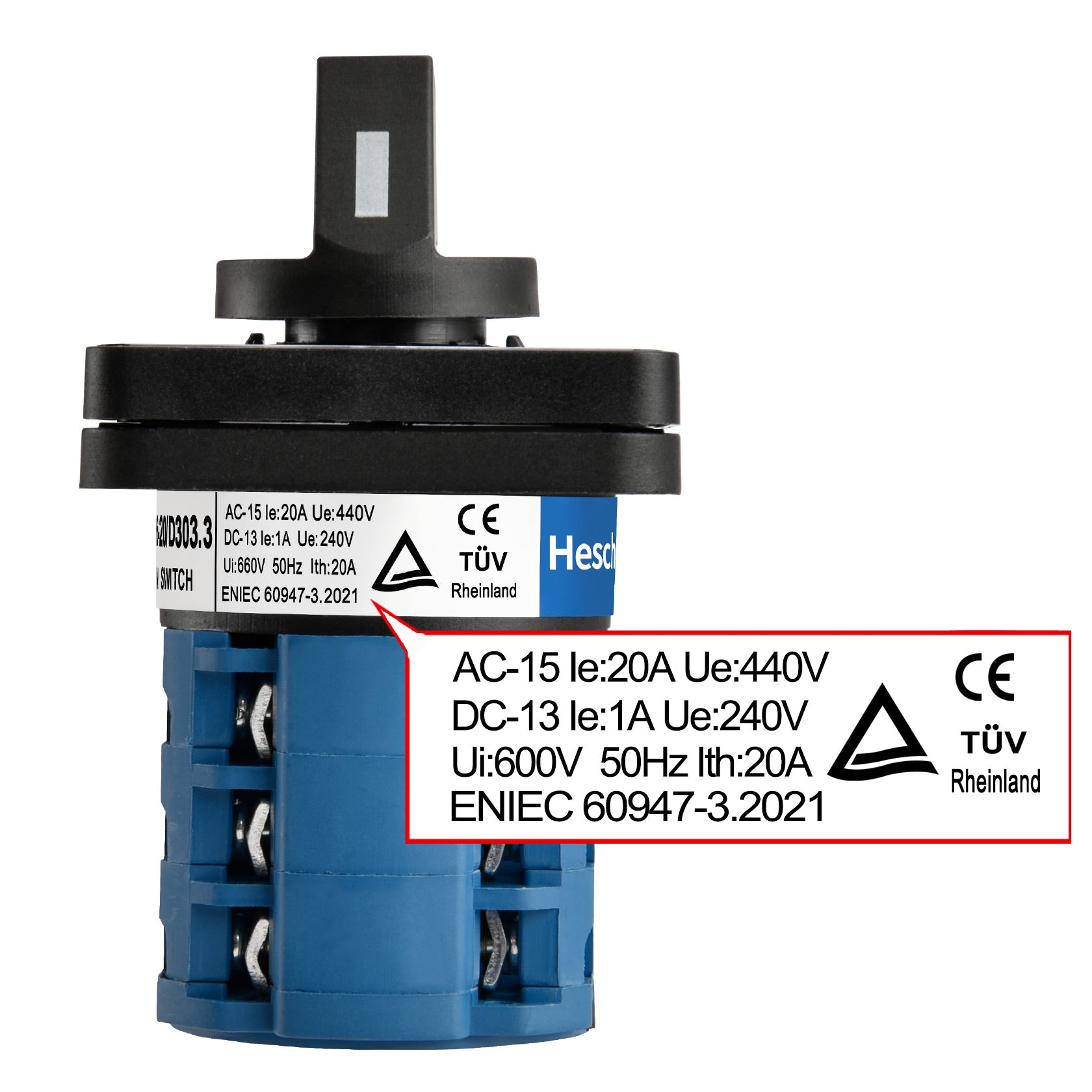 Heschen Universal Rotary Cam Selector Changeover Switch SZW26-20/D303.3 660V 20A 3 Position 3 Phase 12 Terminals,TUV