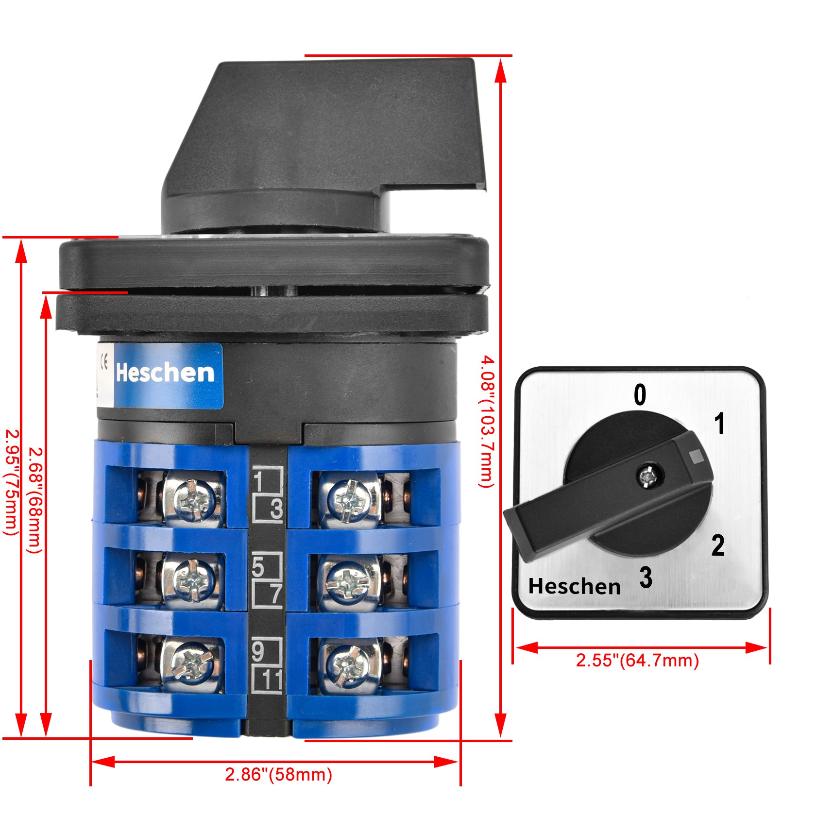 Heschen Universal Rotary Cam Selector Changeover Switch, SZW26-40/0-3.3, 660V 40A, 4 Position, 3 Phase, 12 Terminals, CE
