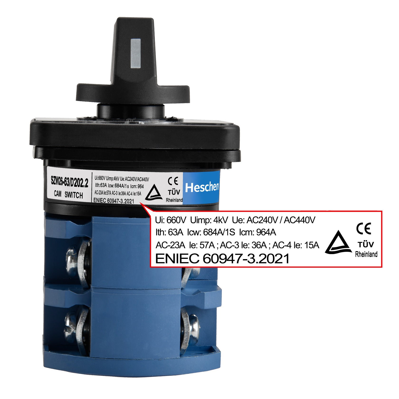 Heschen Universal Rotary Cam Selector Changeover Switch, SZW26-63/D202