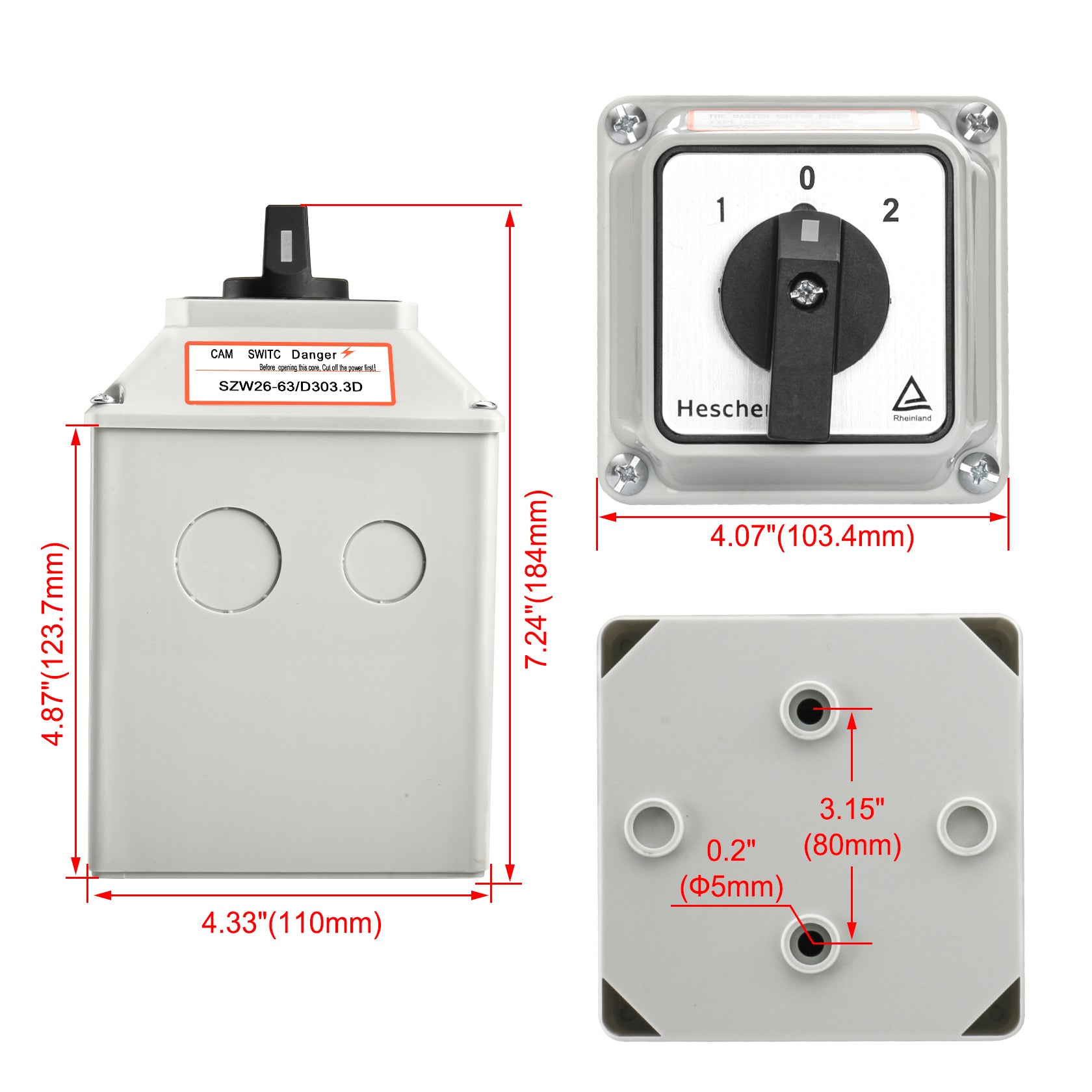 Heschen Universal Rotary Changeover Cam Switch SZW26-63/D303.3D 660V 63A 3 Switch Positions (1-0-2) 3 rotors (with 12 terminals) Box Version