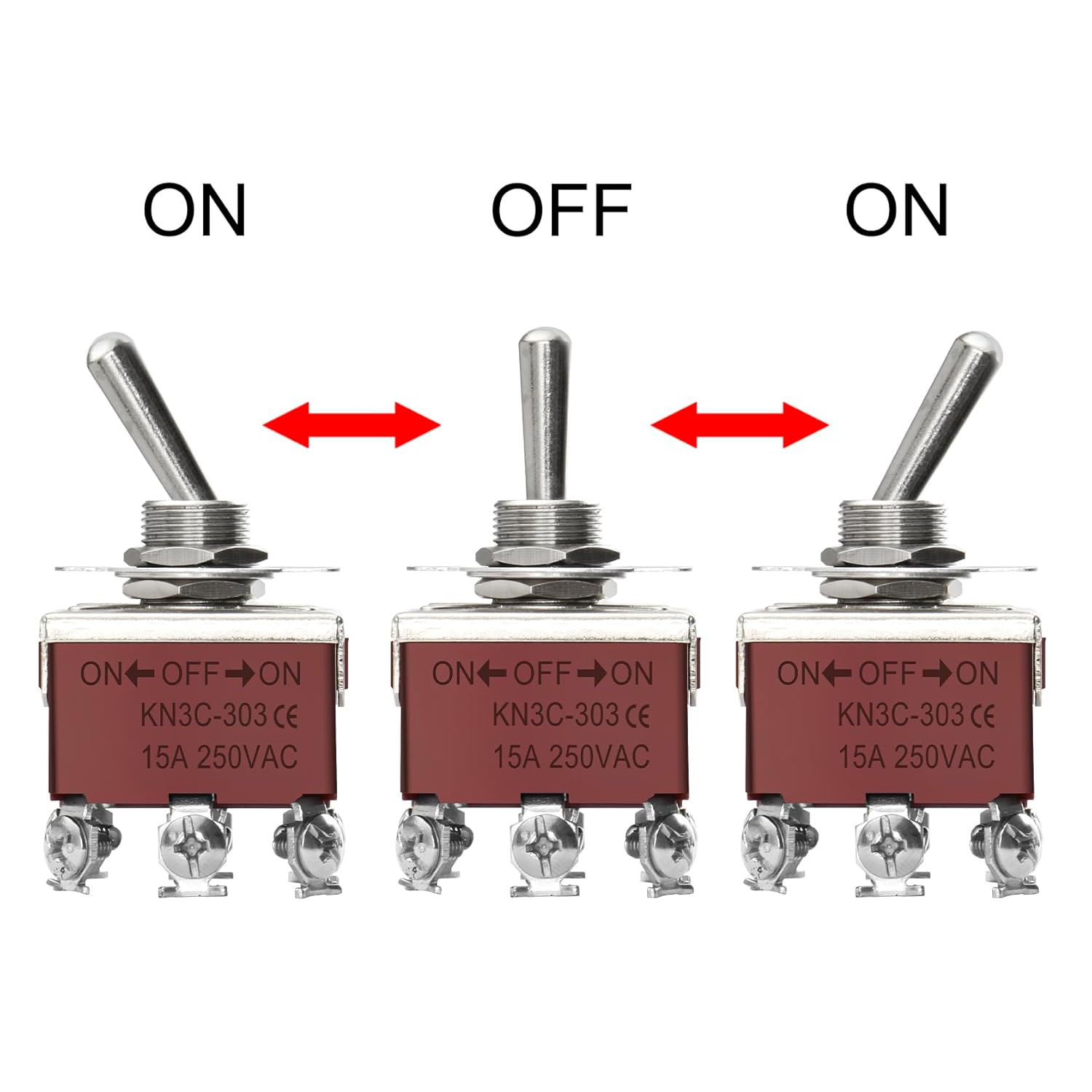 Heschen Metal Toggle Switch, KN3C-303, 3PDT, Maintained, ON/OFF/ON 3 Position, 15A 250VAC, 10A 380VAC, CE