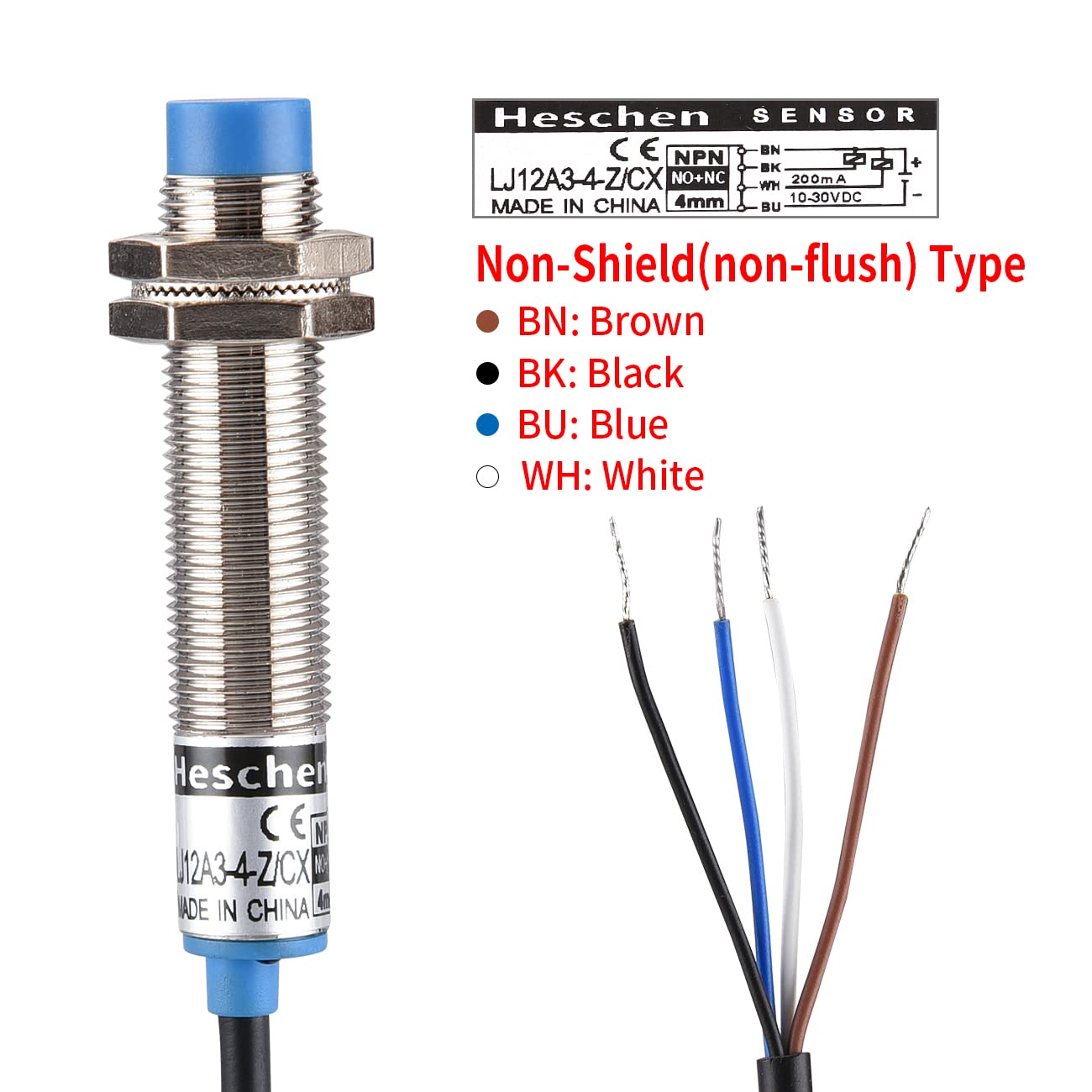 Heschen M12 Inductive Proximity Sensor Switch, Non-shield Type, LJ12A3-4-Z/CX, Detector 4mm, 10-30VDC 200mA, NPN NO+NC, 4 Wire