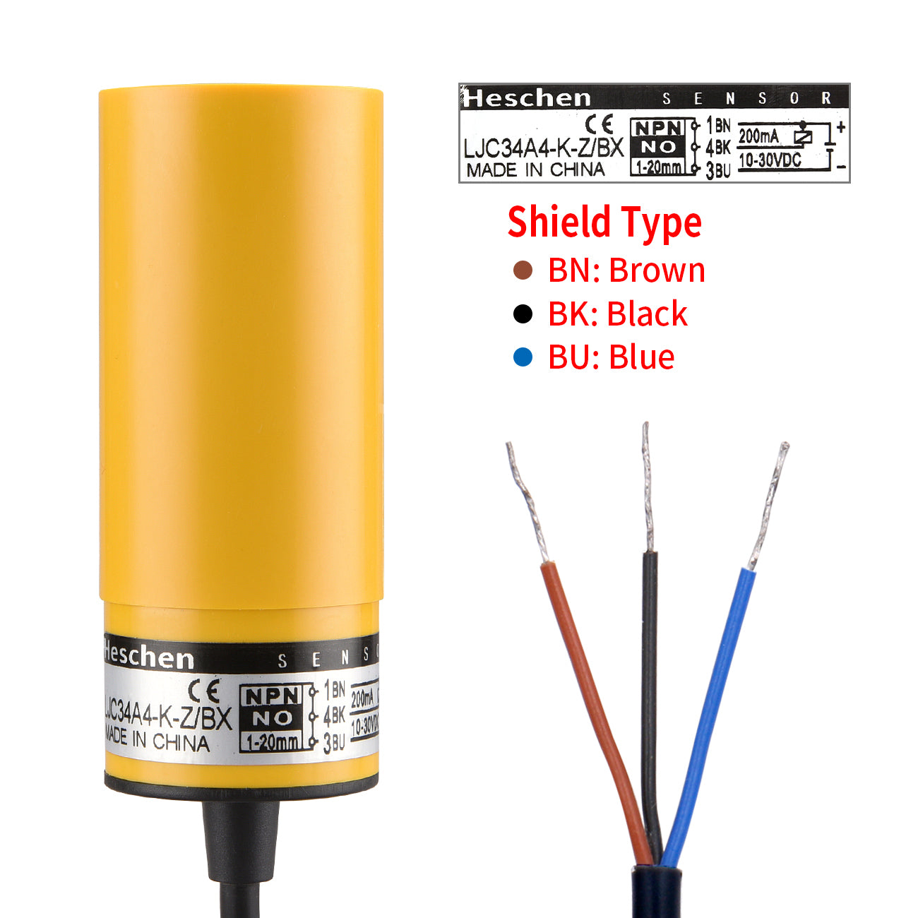 Heschen 34mm Diameter Capacitive Proximity Sensor Switch, Non-Shield Type, LJC34A4-K-Z/BX, Detector 1-20mm, 10-30VDC 200mA, NPN Normally Open(NO), 3 wire, CE Listed