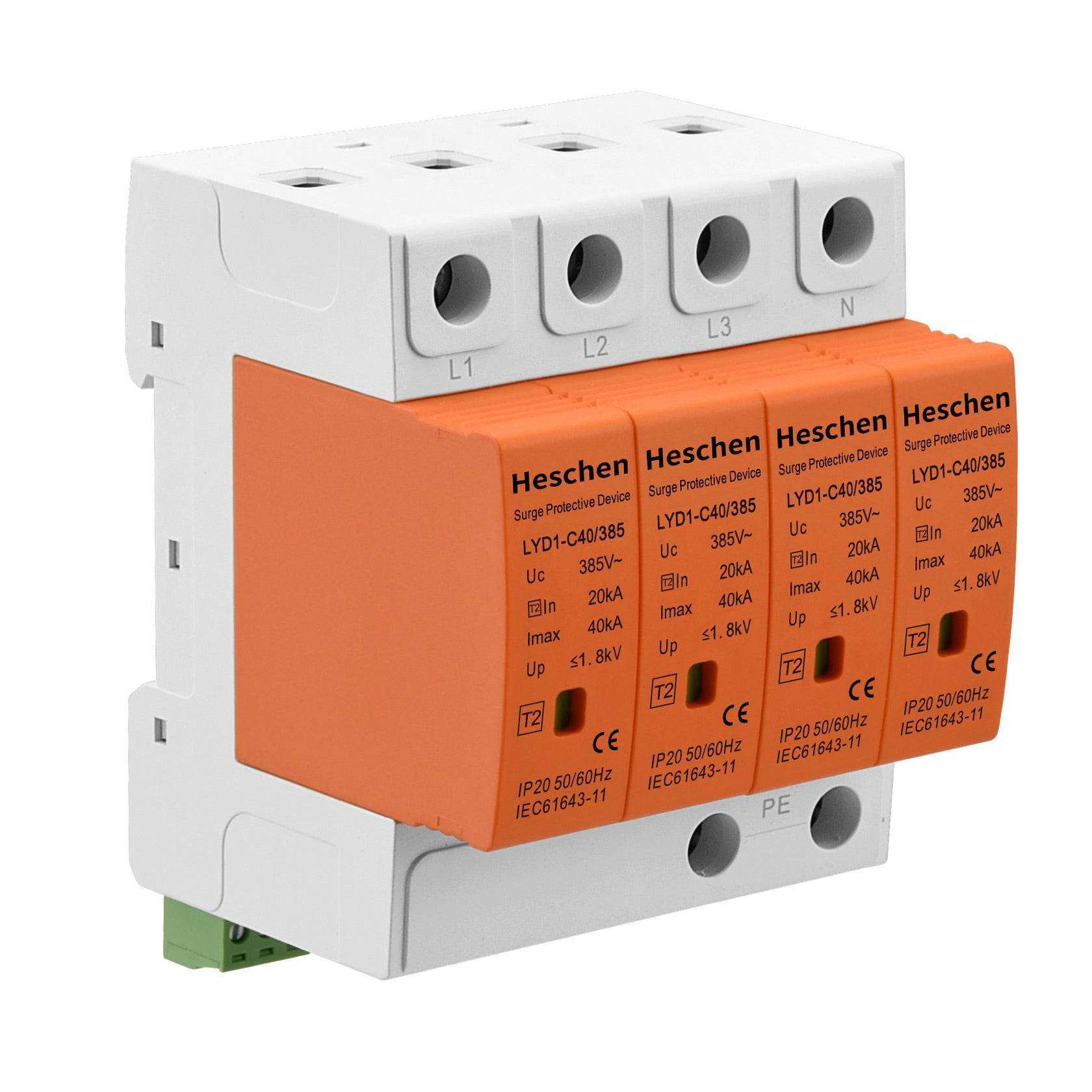 Heschen Surge Protective Device with Remote Communication, LYD1-C40/385, 4P 385V 20KA, Fire-Proof, Low-Voltage Arrester, 35mm DIN Rail Mounting