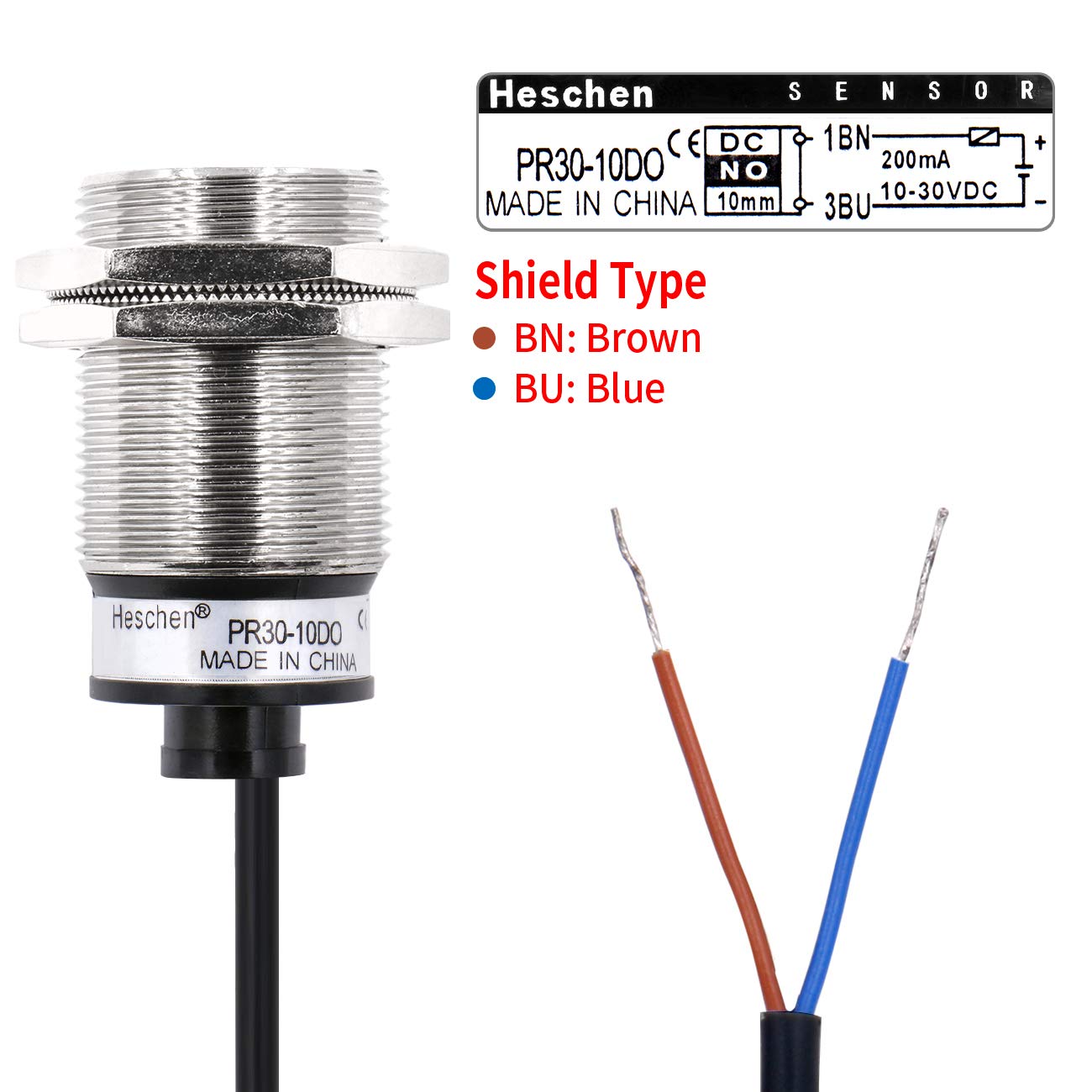 Heschen Inductive Proximity Sensor Switch PR30-10DO Cylindrical Type, 10mm Sensing, M30 Round, 10-30 VDC 2-Wire, Shielded, NO(Normally Open) CE
