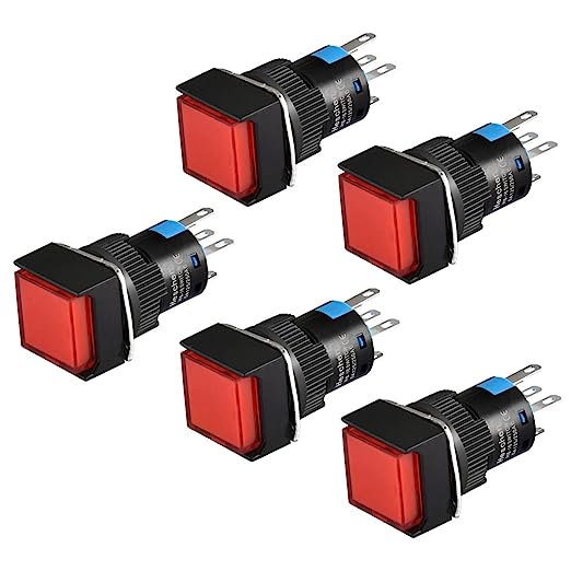 Heschen 16mm Square Latching Push Button Switch 1NO 1NC 12V/24V/110V/220V Red LED Lamp 5 Pack