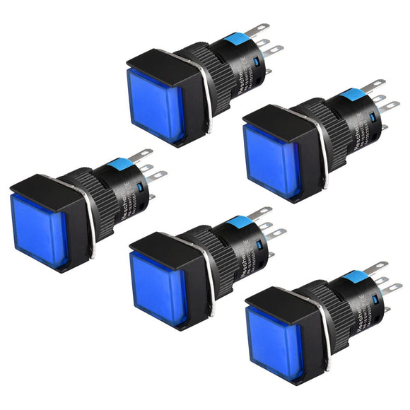 Heschen 16mm Square Momentary Push Button Switch 1NO 1NC 12V/24V/110V/220V Blue LED Lamp 5 Pack