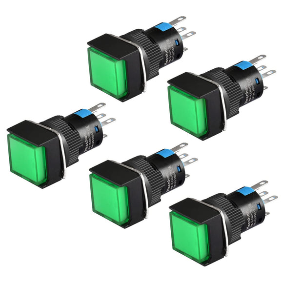 Heschen 16mm Square Latching Push Button Switch 1NO 1NC 12V/24V/110V/220V Green LED Lamp 5 Pack