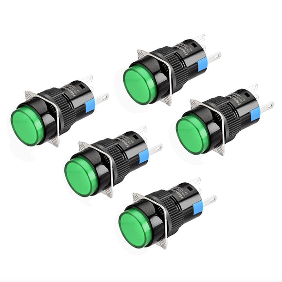 Heschen 16mm Round Latching Push Button Switch 1NO 1NC 12V/24V/110V/220V Green LED Lamp 5 Pack