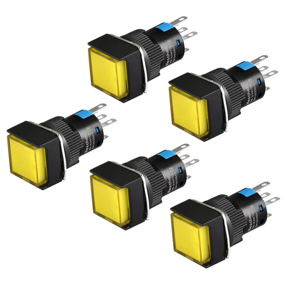 Heschen 16mm Square Latching Push Button Switch 1NO 1NC 12V/24V/110V/220V Yellow LED Lamp 5 Pack