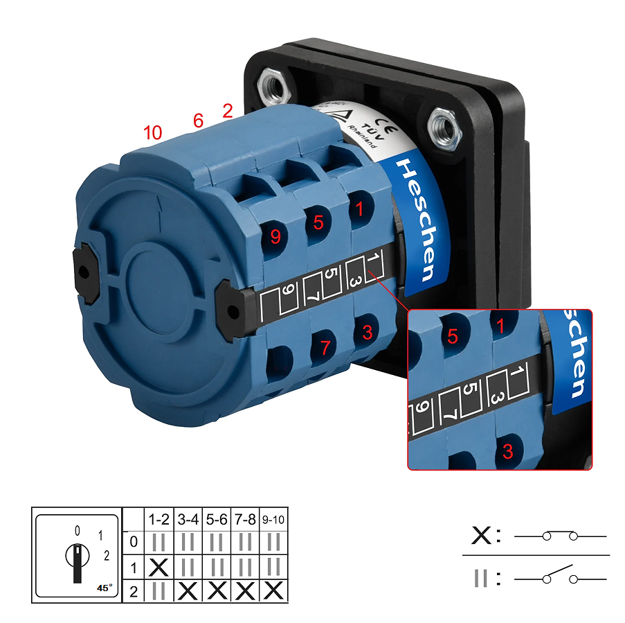 Heschen Universal Rotary Cam Selector customized Changeover Switch SZW26-20/3 660V 20A 3 Position 3 Phase 10 Terminals,TUV