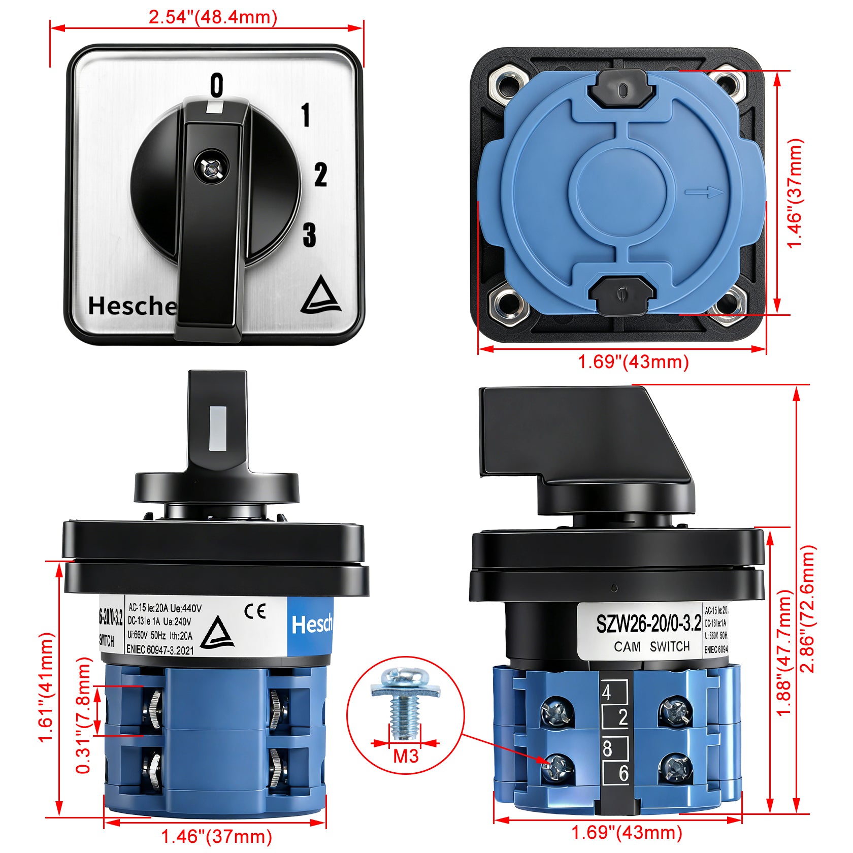 Heschen Universal Rotary Cam Selector Changeover Switch SZW26-20/0-3.2 660V 20A 4 Position 2 Phase 8 Terminals CE
