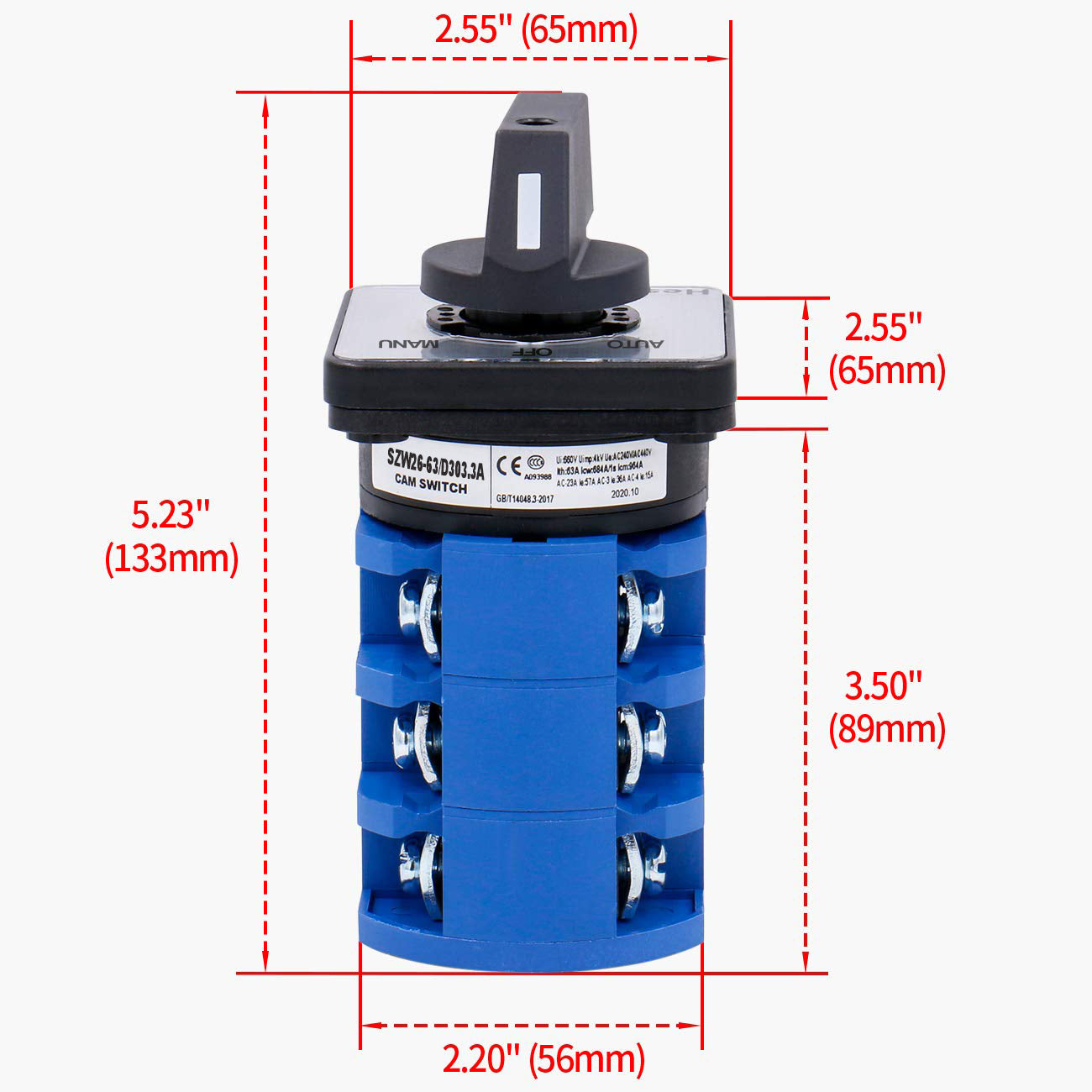 Heschen Universal Rotary Cam Selector Changeover Switch SZW26-63/D303.3A 660V 63A AUTO-OFF-MANU 3 Position 3 Phase 12 Terminals CE