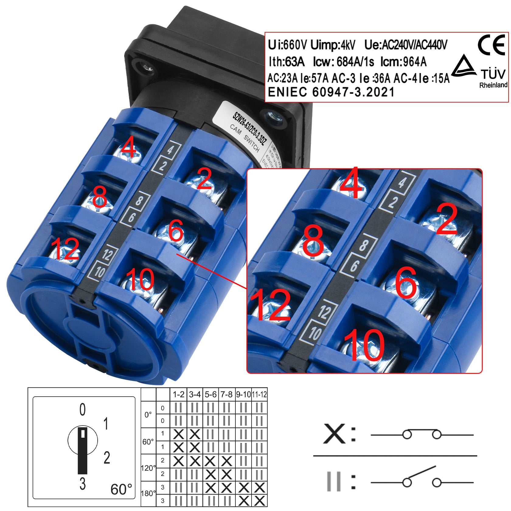 Heschen Customized Universal Rotary Cam Selector Changeover Switch , SZW26-63/ZC0-3.3DZ, 660V 63A, 4 Position, 3 Phase, 12 Terminals, CE