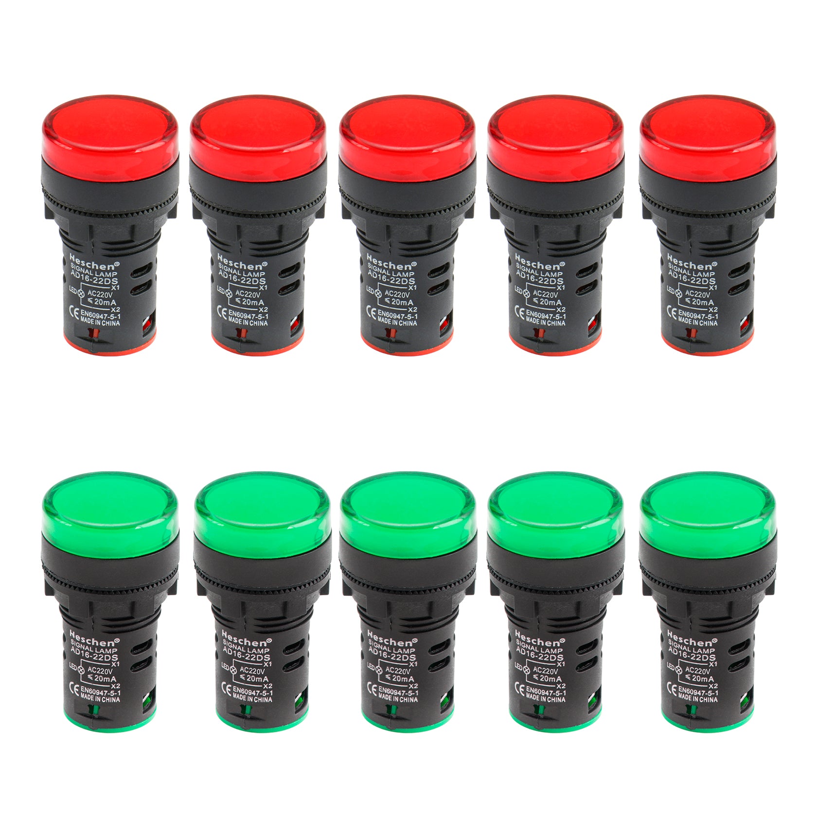 HesChen LED Indicator Light Pilot Signal Lamp AD16-22DS DC 12V/24V AC 110V/220V 20mA 5 Red 5 Green (Pack of 10)