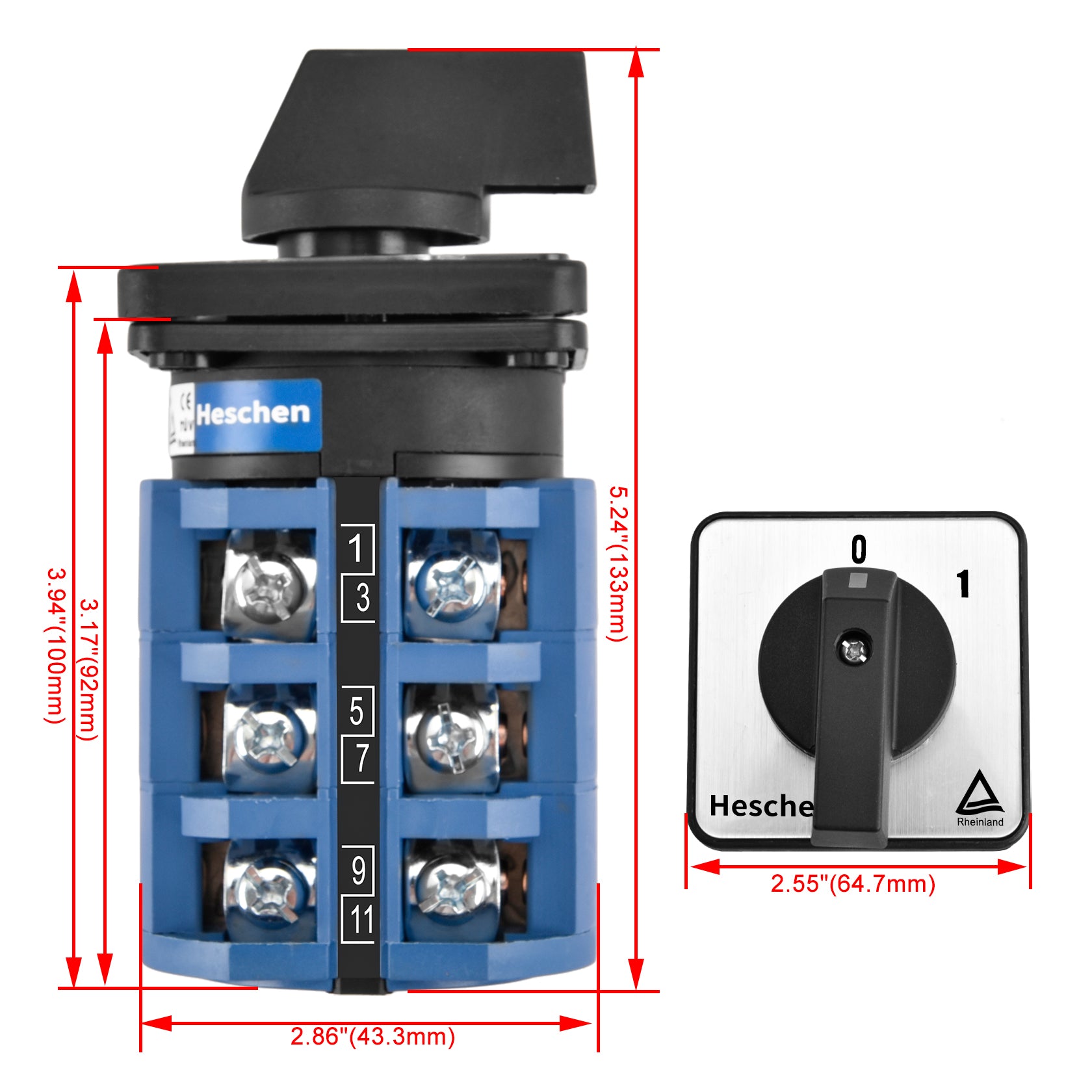 Heschen Universal Rotary Cam Selector Changeover Switch SZW26-63/C06.3 660V 63A OFF-ON 2 Position 3 Phase 12 Terminals CE,TUV