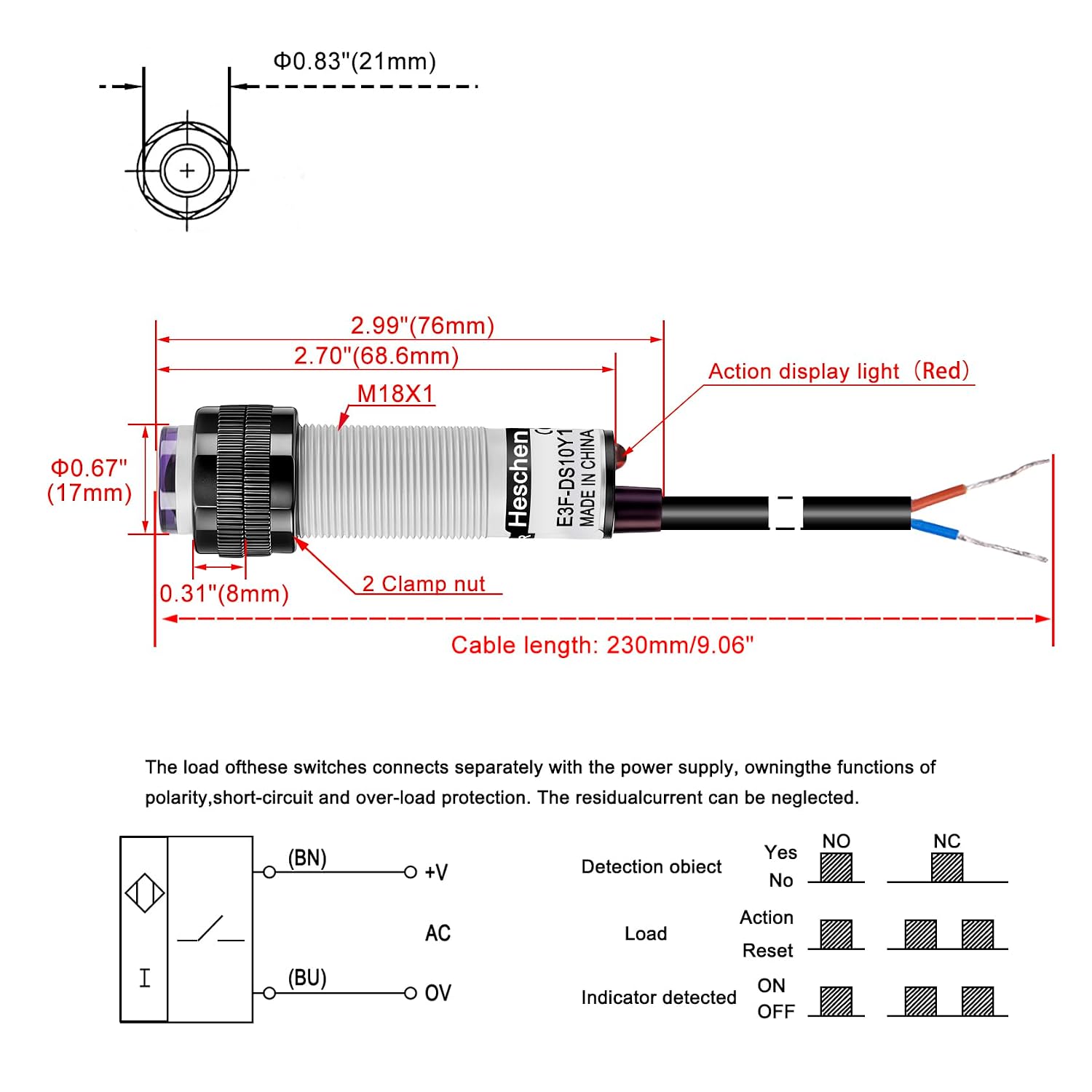 Heschen M18 Photoelectric Sensor Diffuse Reflection Sensor Switch E3F-DS10Y1 NO AC90-250V 200mA Sensing Distance 10cm 2 Wires
