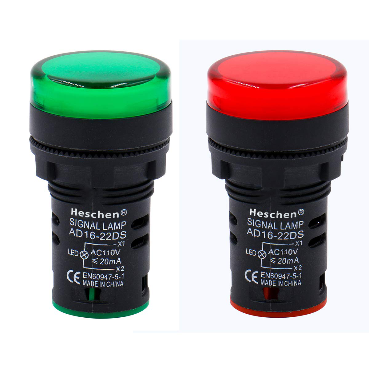 HesChen LED Indicator Light Pilot Signal Lamp AD16-22DS DC 12V/24V AC 110V/220V 20mA 5 Red 5 Green (Pack of 10)