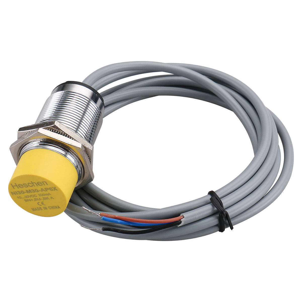 Heschen 30mm Non-embedded Inductive Sensor Switch Ni30-M30-AP6X Cylindrical Type DC 10-30V 3 Wire PNP NO(Normally Open) CE