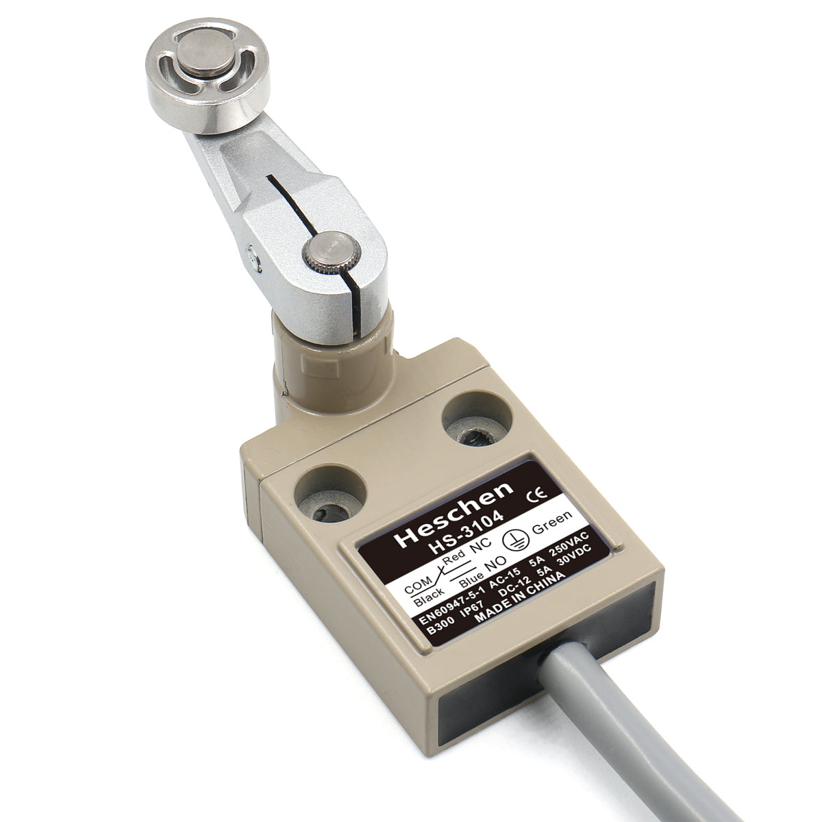 Heschen Compact Prewired Roller Lever Plunger Limit Switch HS-3104 SPDT NO + NC Momentary AC 250V 5A IP67 Waterproof