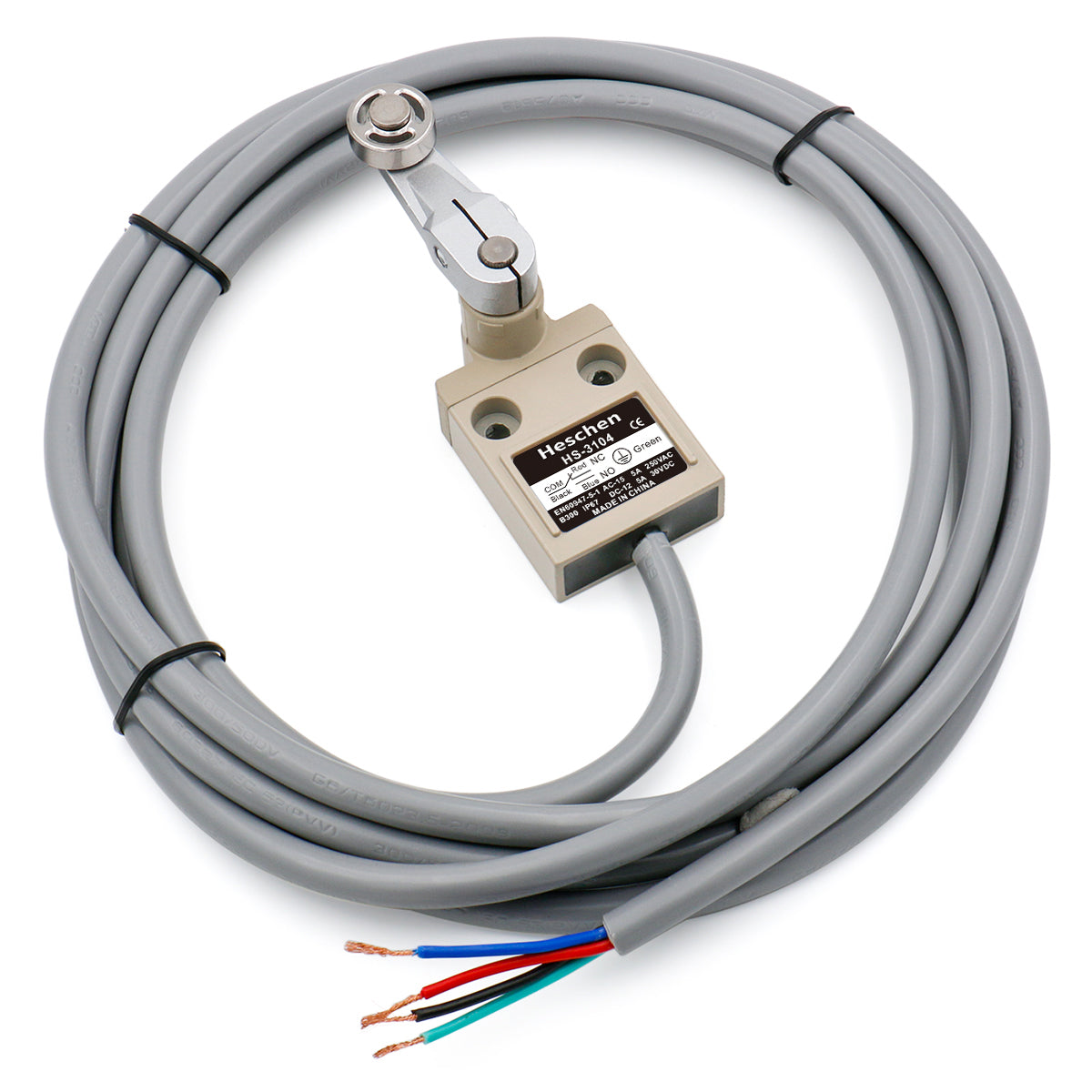 Heschen Compact Prewired Roller Lever Plunger Limit Switch HS-3104 SPDT NO + NC Momentary AC 250V 5A IP67 Waterproof