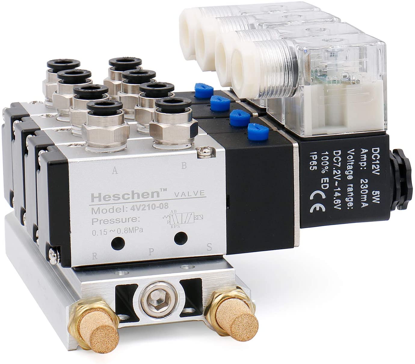 Heschen 4 Space Pneumatic Solenoid Valve 4V210-08 PT1/4 5 Way 2 Position Manifold Base Muffler Quick Fittings Set