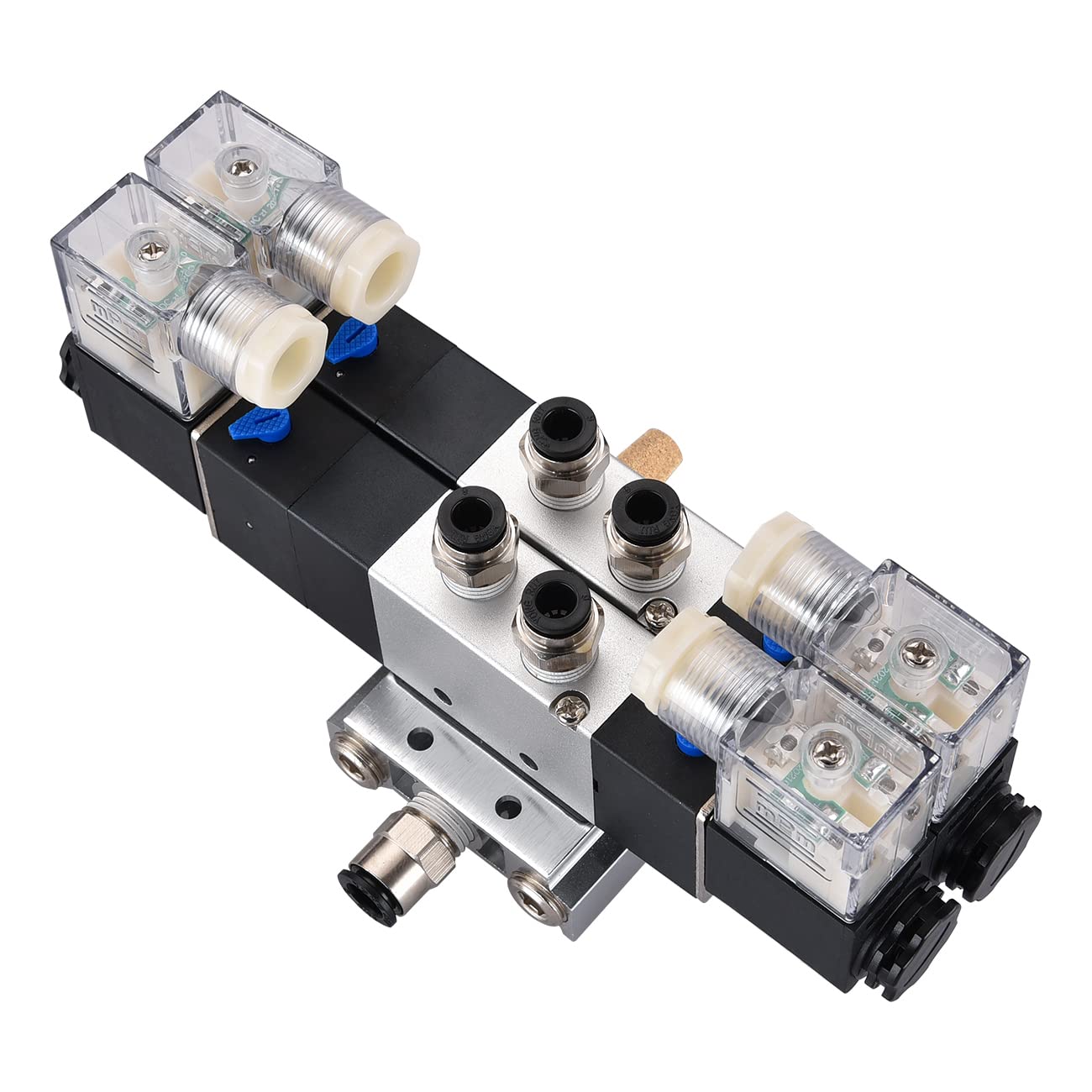 Heschen Electrical Pneumatic Twin Solenoid Valve, 4V230C-08, 12V/24V/110V/220V, PT1/4, 5 Way 3 Position, Manifold Base, Muffler, Quick Fittings Set, CE