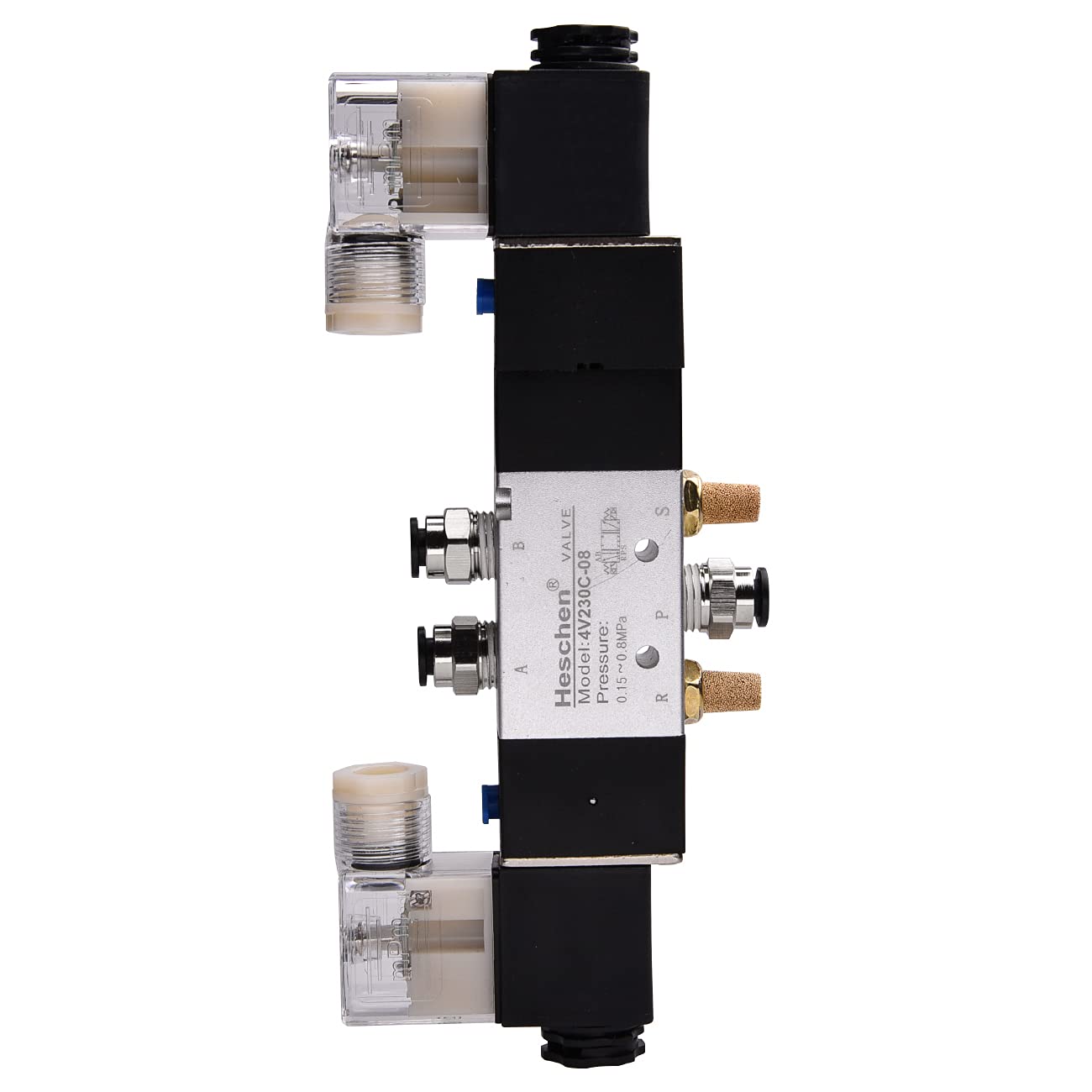 Heschen Electrical Pneumatic Solenoid Valve 4V230C-08, 12V/24V/110V220V PT1/4 5 Way 3 Position Double Coil Pilot-Operated Electric Closed Type CE with Fittings and Muffler