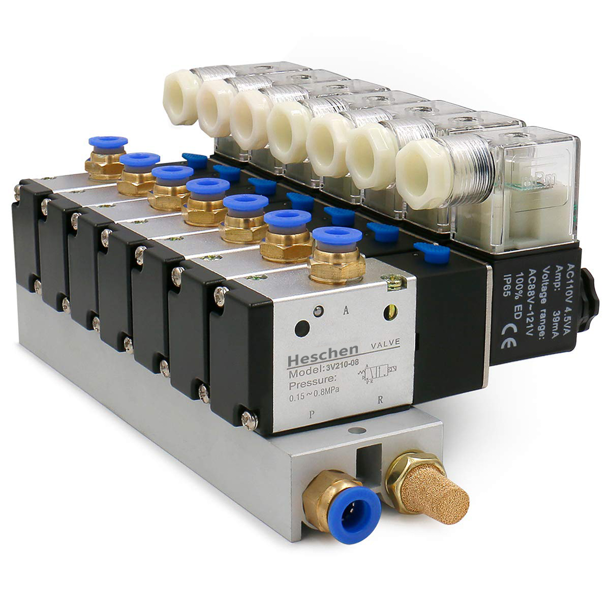 Heschen 7 Space Pneumatic Solenoid Valve 3V210-08 12 VDC/24 VDC/110 VAC/220 VAC PT1/4 2 Position 3 Way Manifold with Base Muffler Quick Fittings Set