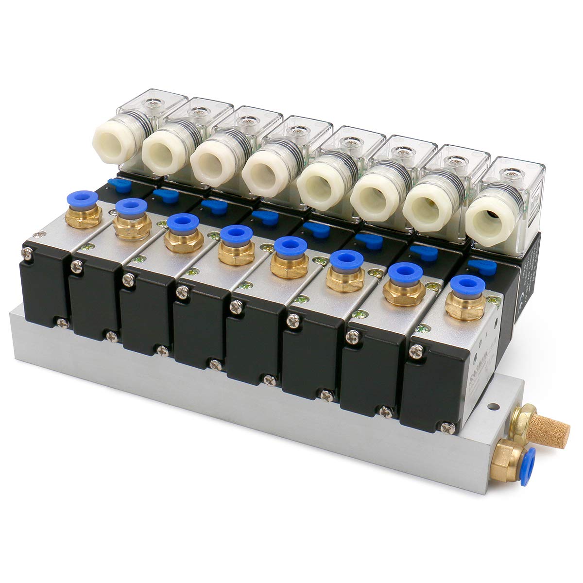 Heschen 8 Space Pneumatic Solenoid Valve 3V210-08 12 VDC/24 VDC/110 VAC/220 VAC PT1/4 2 Position 3 Way Manifold with Base Muffler Quick Fittings Set