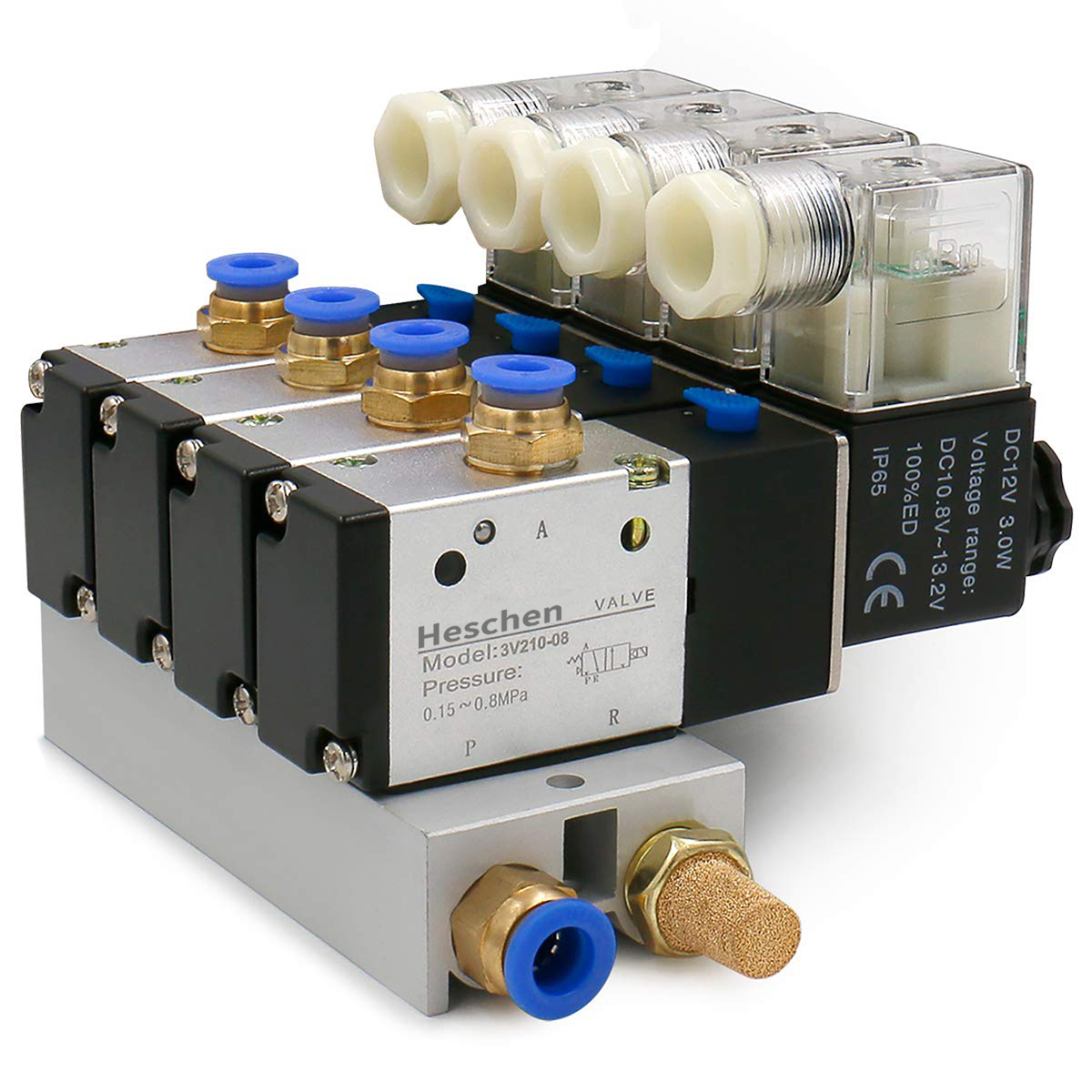 Heschen 4 Space Pneumatic Solenoid Valve 3V210-08  12 VDC/24 VDC/110 VAC/220 VAC PT1/4 2 Position 3 Way Manifold with Base Muffler Quick Fittings Set