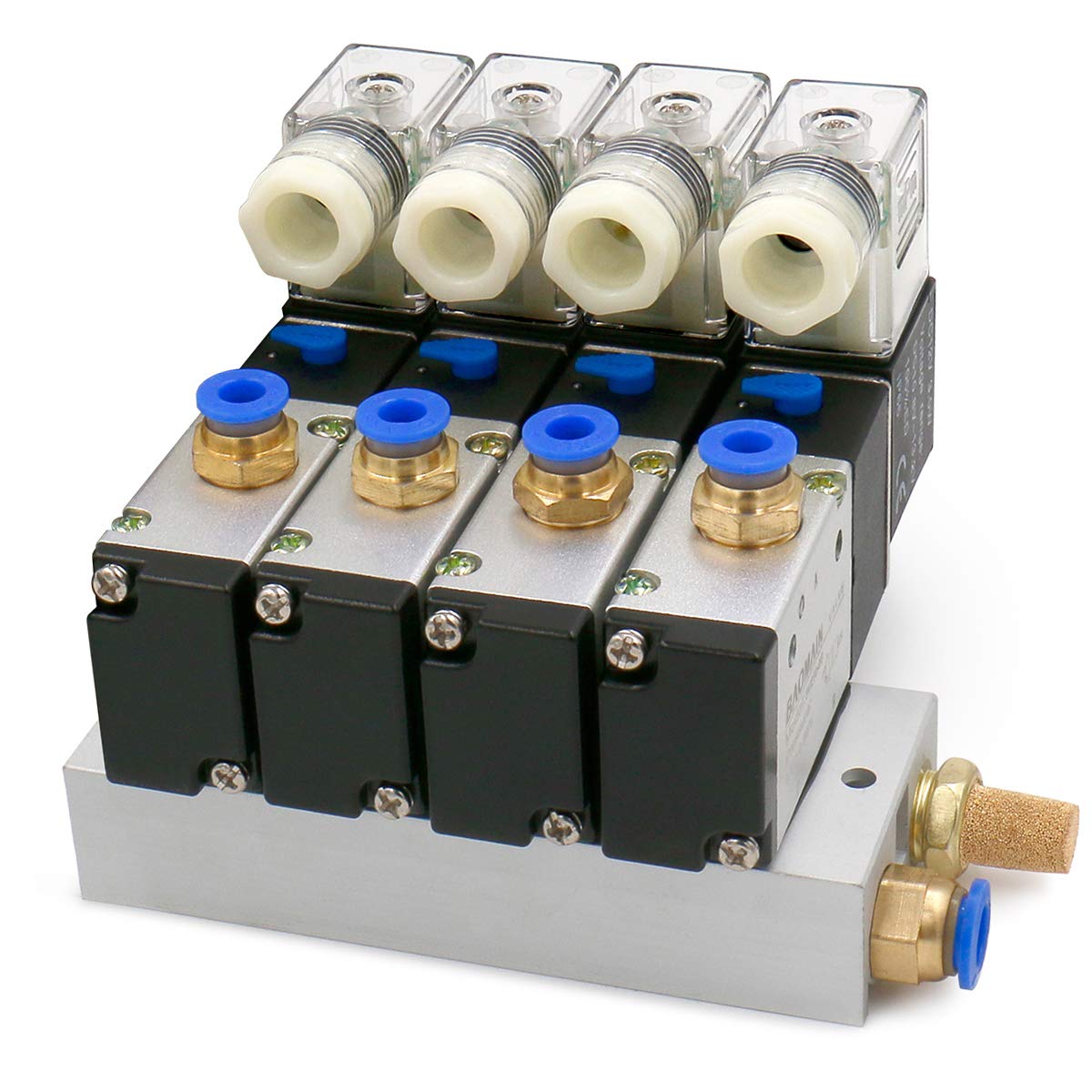Heschen 4 Space Pneumatic Solenoid Valve 3V210-08  12 VDC/24 VDC/110 VAC/220 VAC PT1/4 2 Position 3 Way Manifold with Base Muffler Quick Fittings Set