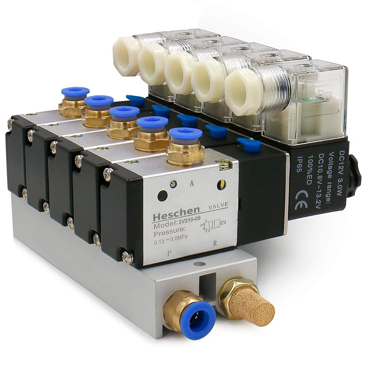 Heschen 5 Space Pneumatic Solenoid Valve 3V210-08 12 VDC/24 VDC/110 VAC/220 VAC PT1/4 2 Position 3 Way Manifold with Base Muffler Quick Fittings Set