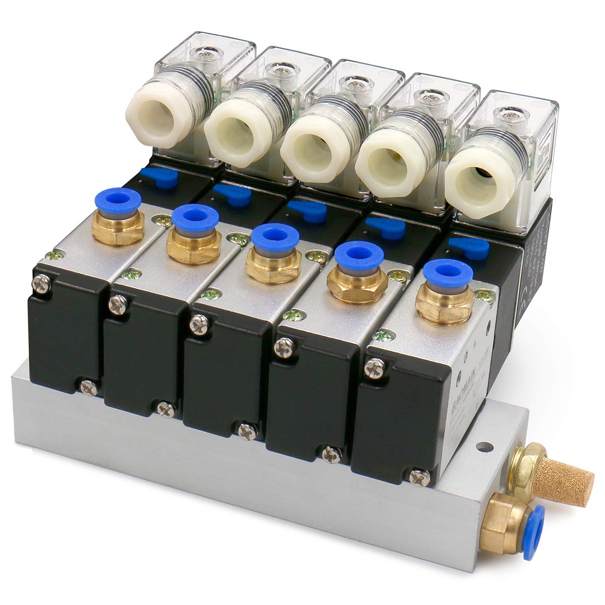 Heschen 5 Space Pneumatic Solenoid Valve 3V210-08 12 VDC/24 VDC/110 VAC/220 VAC PT1/4 2 Position 3 Way Manifold with Base Muffler Quick Fittings Set