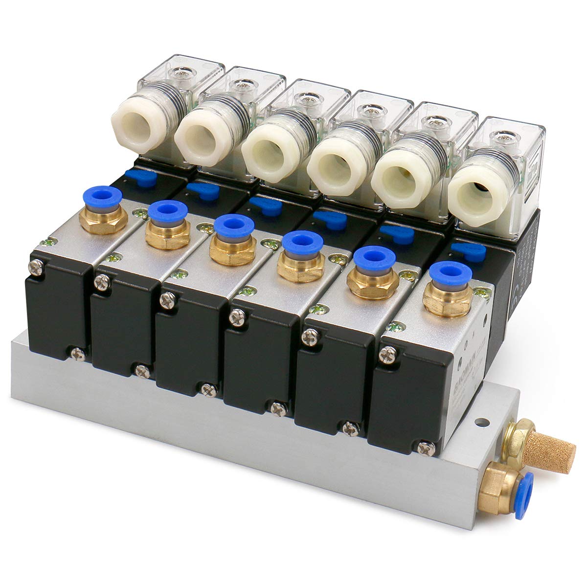 Heschen 6 Space Pneumatic Solenoid Valve 3V210-08 12 VDC/24 VDC/110 VAC/220 VAC PT1/4 2 Position 3 Way Manifold with Base Muffler Quick Fittings Set